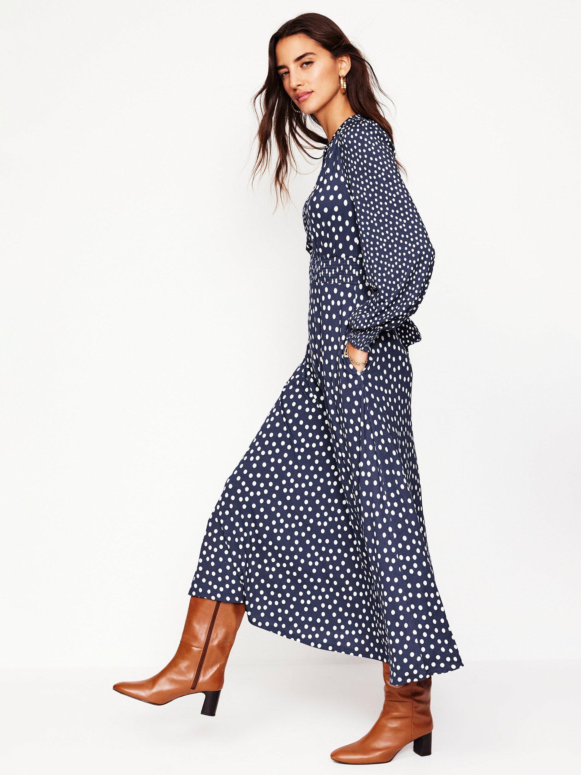 Boden Ivy Polka Dot Smocked Midi Dress Navy Multi
