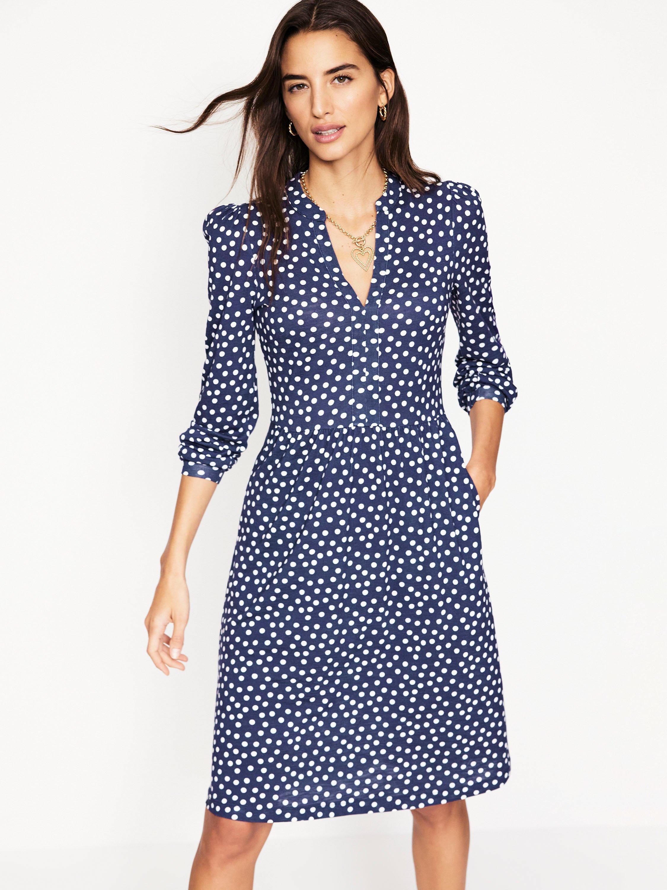 Product image 1 of 5, which shows Boden Naomi Spot Relaxed Jersey Dress, Navy/Multi, 8