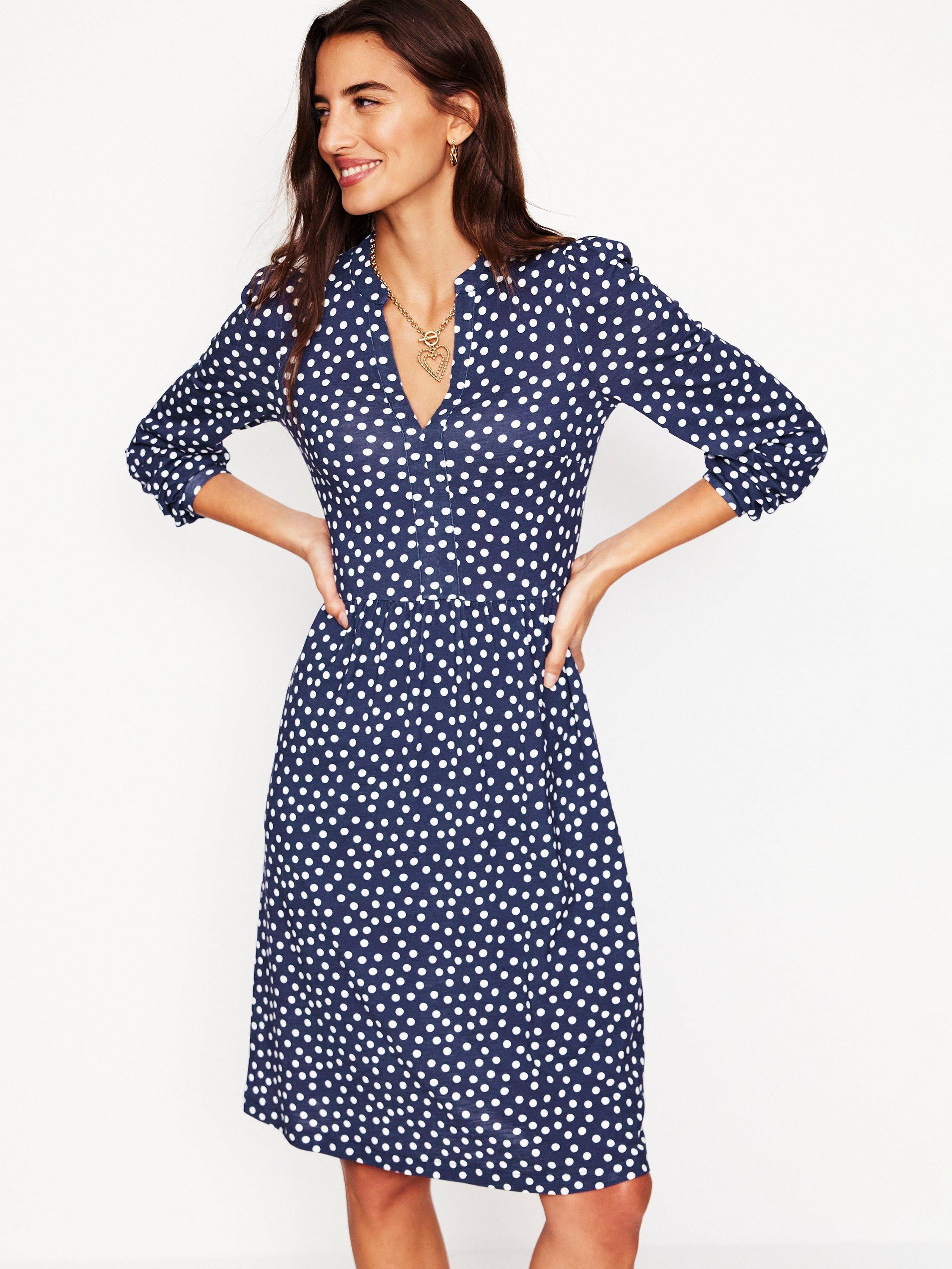 Product image 4 of 5, which shows Boden Naomi Spot Relaxed Jersey Dress, Navy/Multi, 8