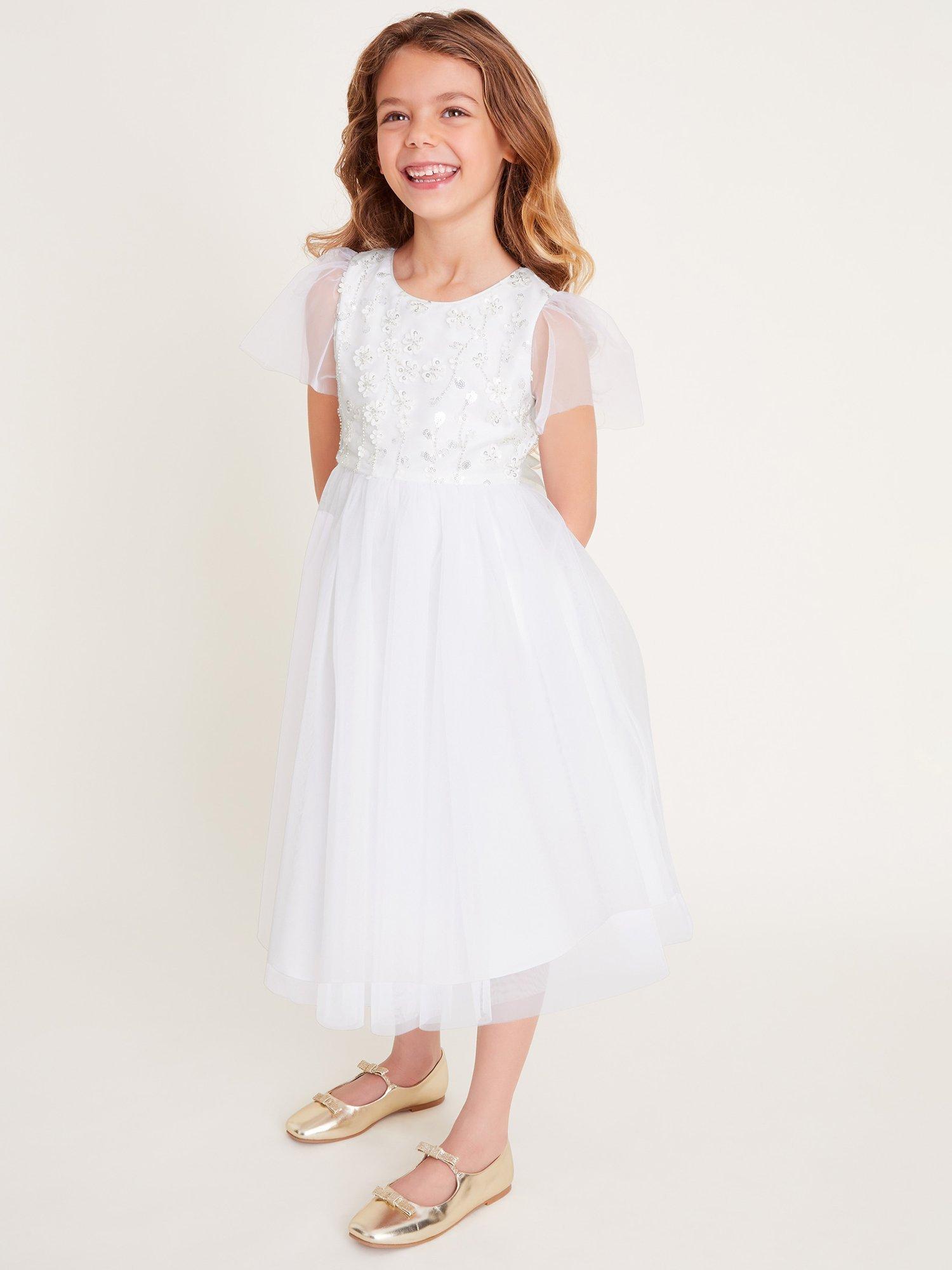 Product image 1 of 4, which shows Monsoon Kids' Beaded Communion Dress, White, 11-12 years