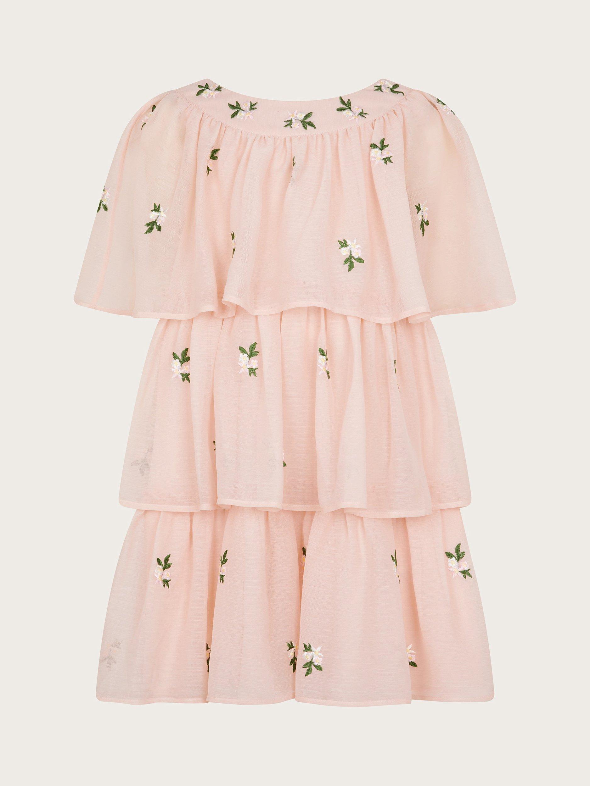 Product image 2 of 4, which shows Monsoon Kids' Embroidered Tiered Dress, Pink, 3 years