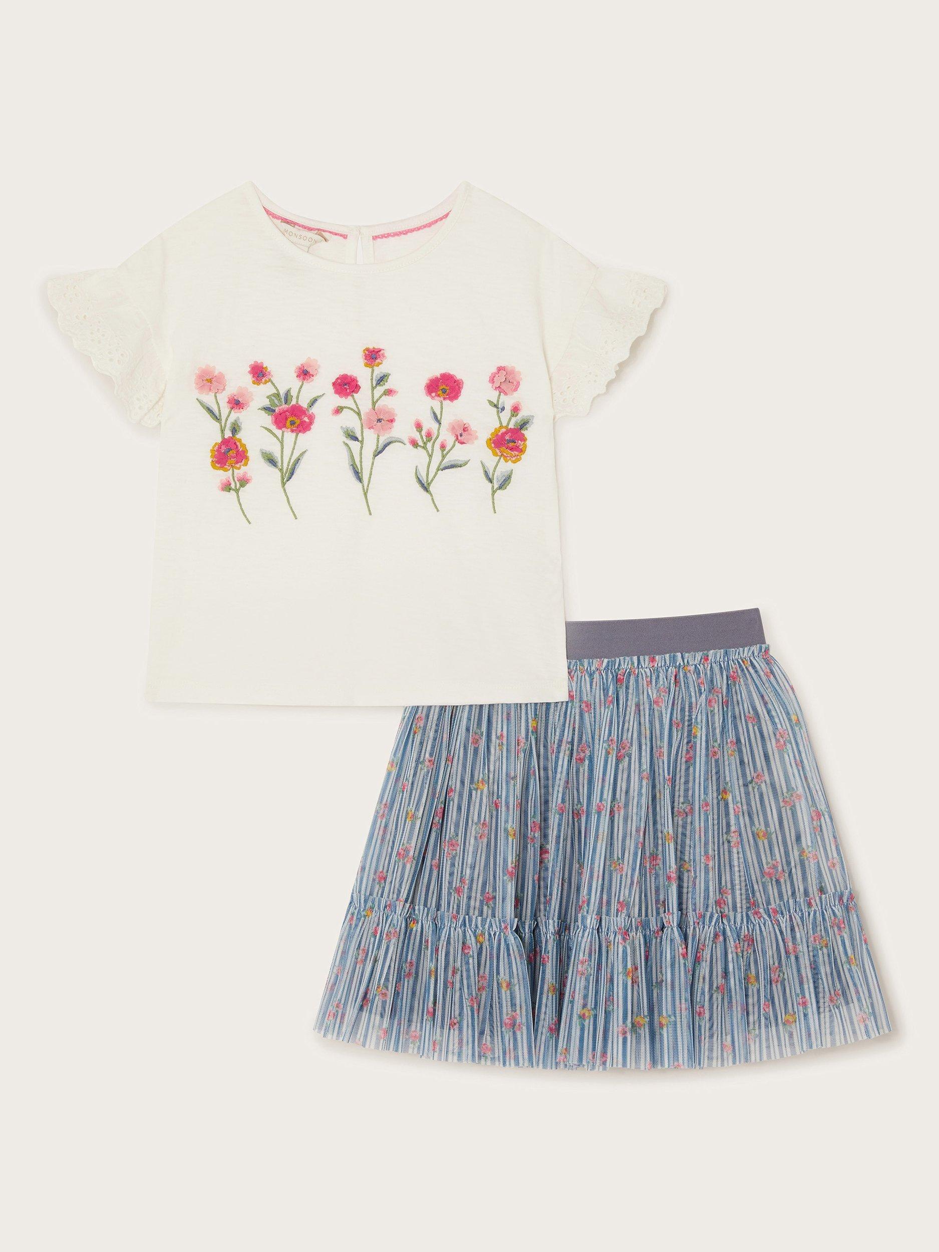 Product image 2 of 4, which shows Monsoon Kids' Floral T-Shirt & Disco Skirt Set, Blue/Multi, 9-10 years