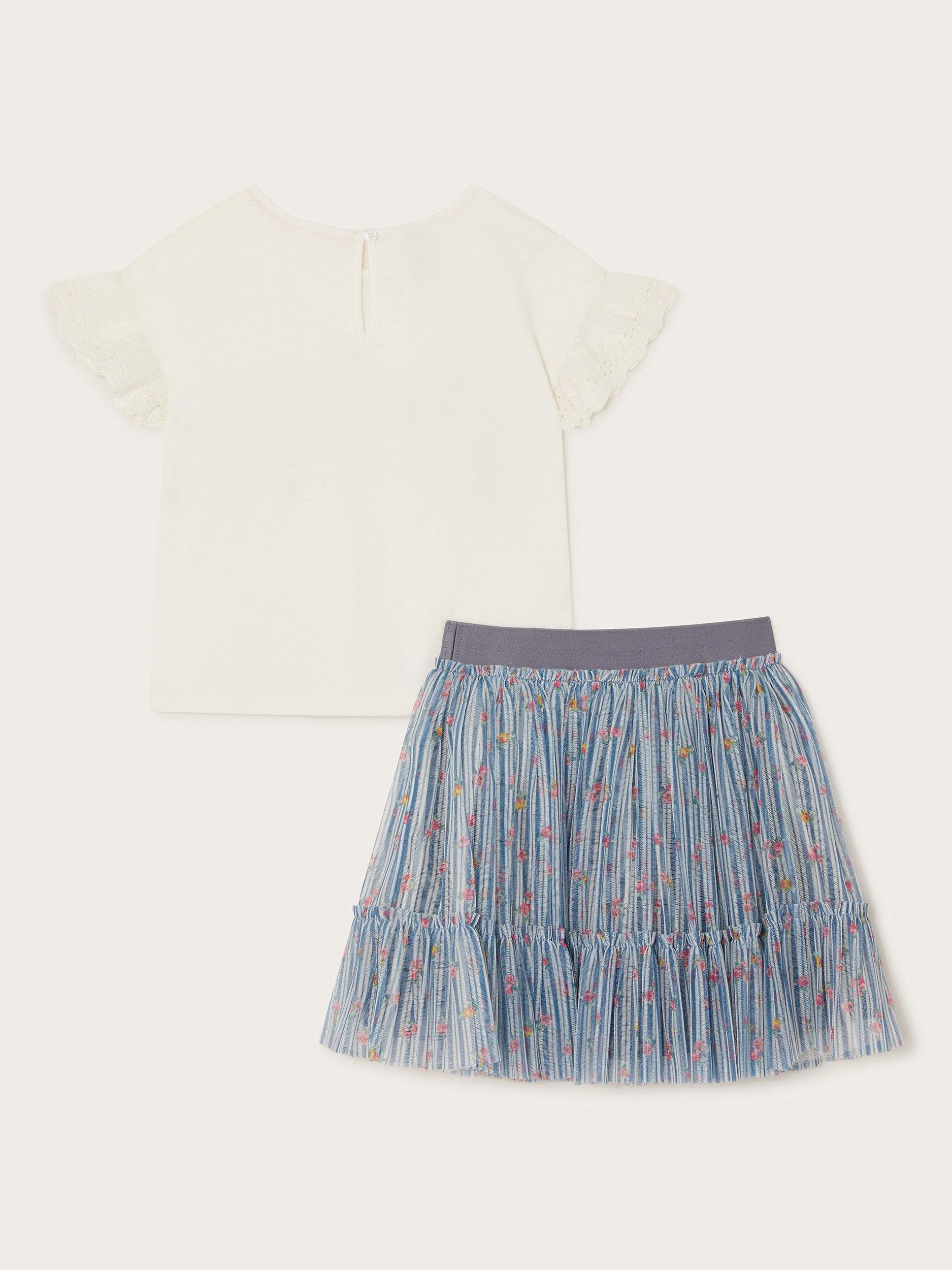 Product image 3 of 4, which shows Monsoon Kids' Floral T-Shirt & Disco Skirt Set, Blue/Multi, 9-10 years