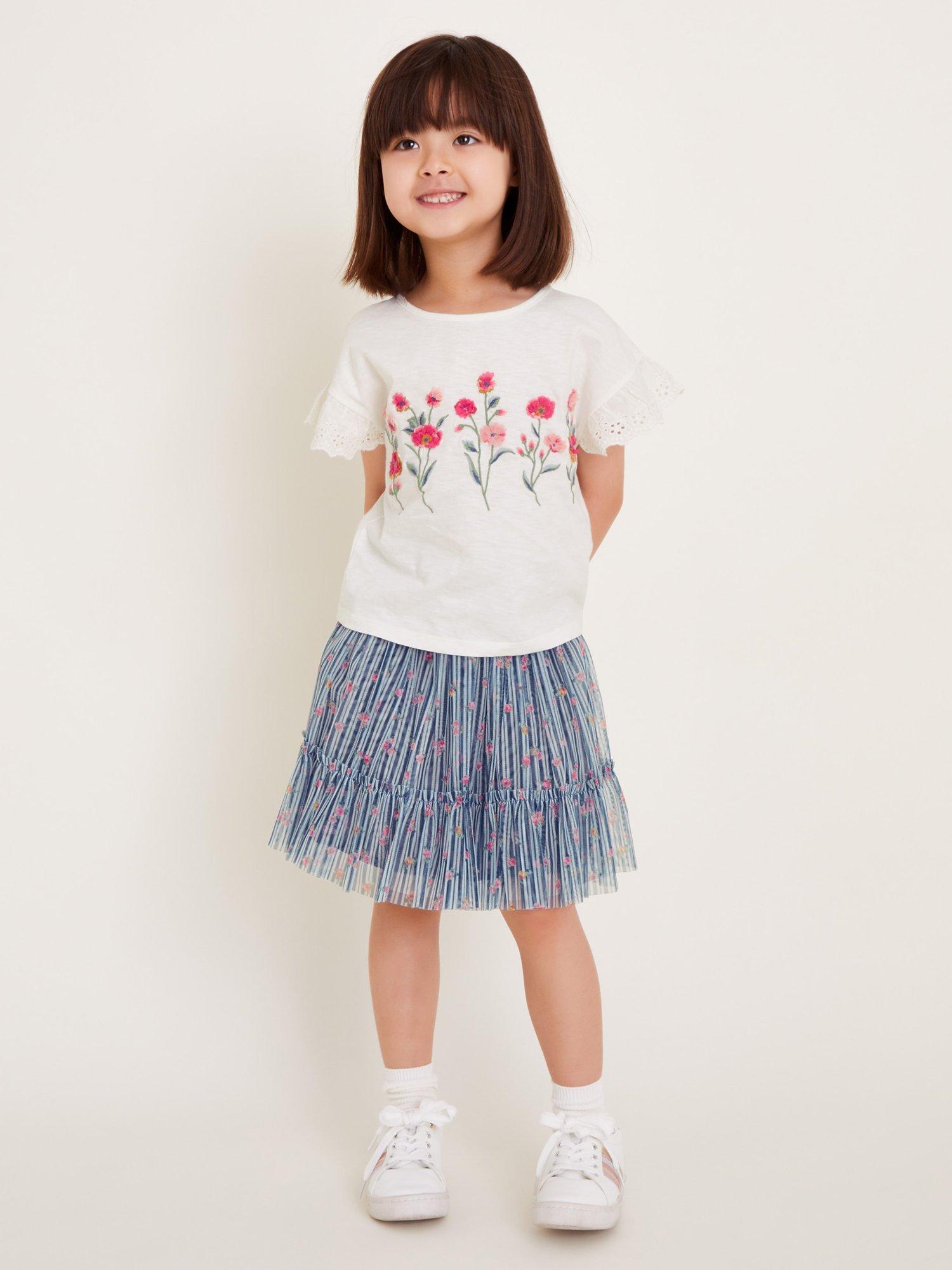 Product image 1 of 4, which shows Monsoon Kids' Floral T-Shirt & Disco Skirt Set, Blue/Multi, 9-10 years