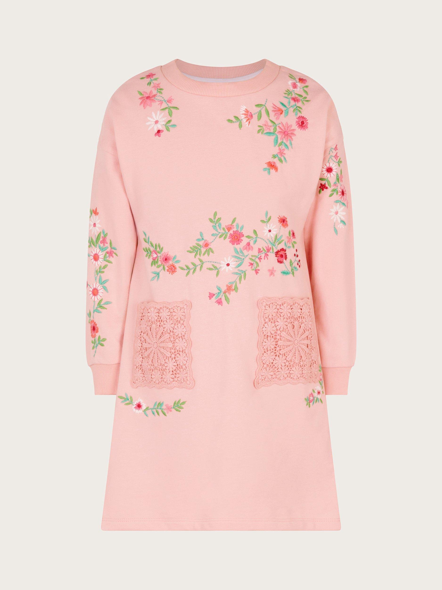 Product image 1 of 3, which shows Monsoon Kids' Floral Cotton Sweatshirt Dress, Pink, 7-8 years
