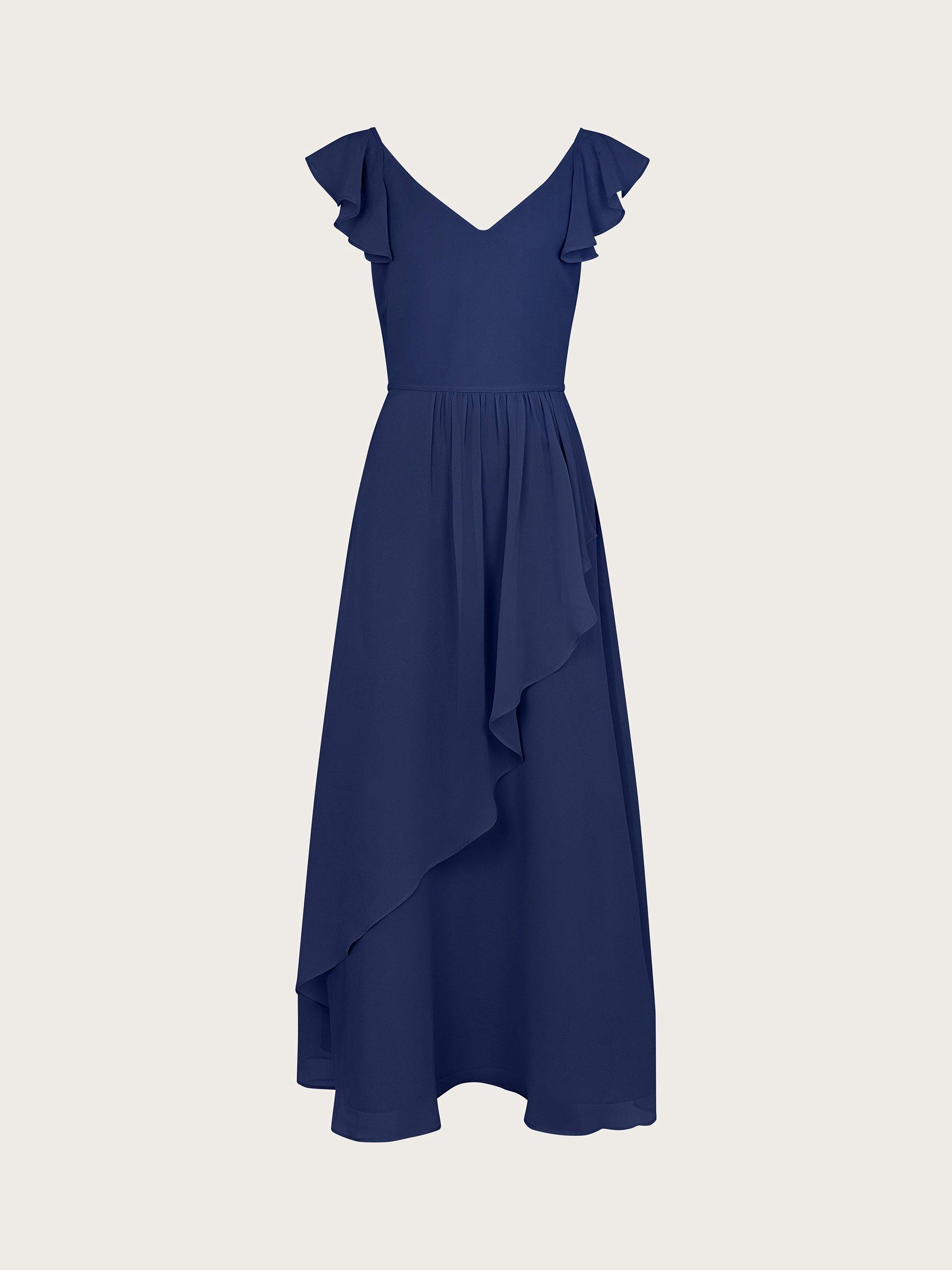 Product image 1 of 3, which shows Monsoon Kids' Indi Frill Sleeve Midi Dress, Navy, 8 years