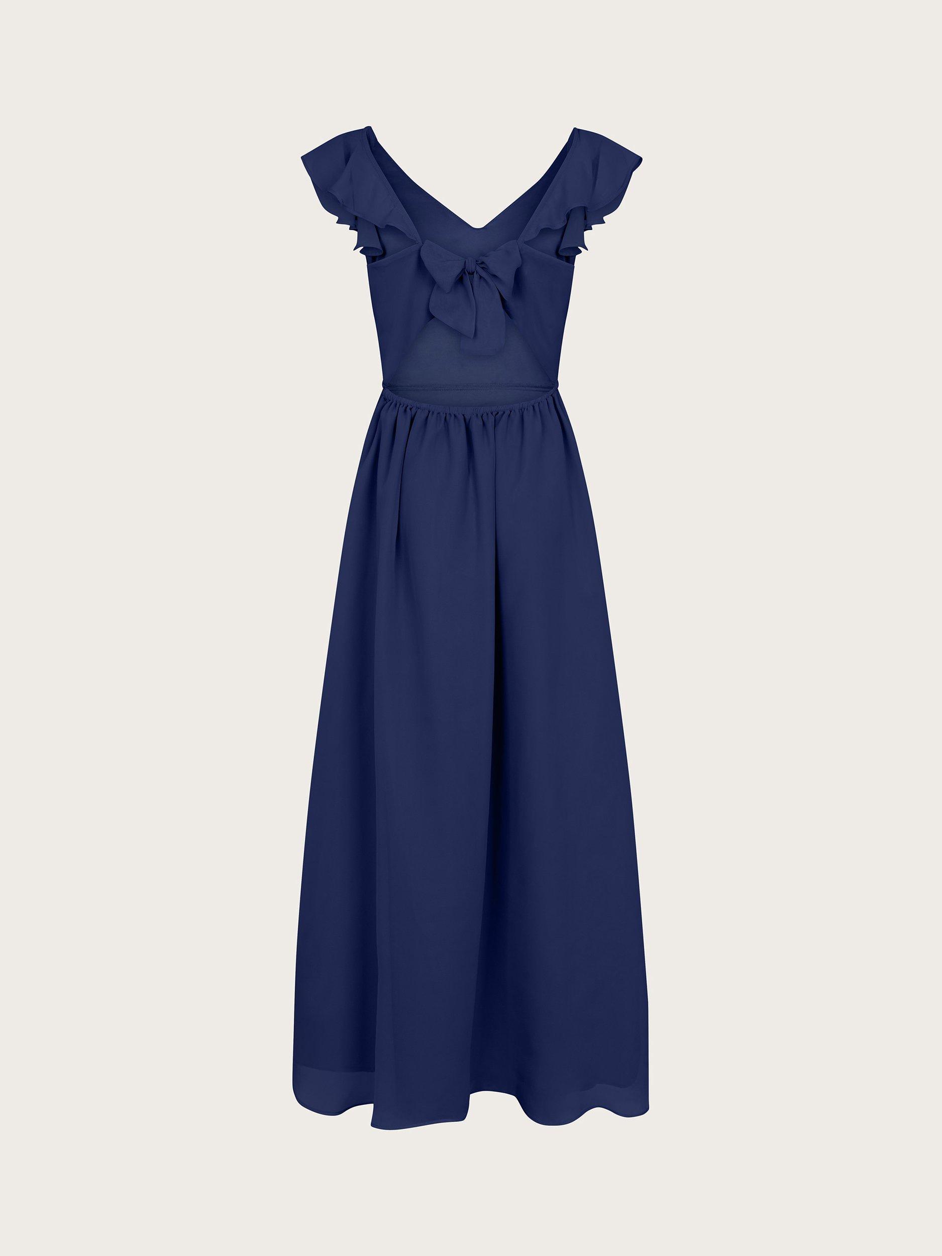 Product image 2 of 3, which shows Monsoon Kids' Indi Frill Sleeve Midi Dress, Navy, 8 years
