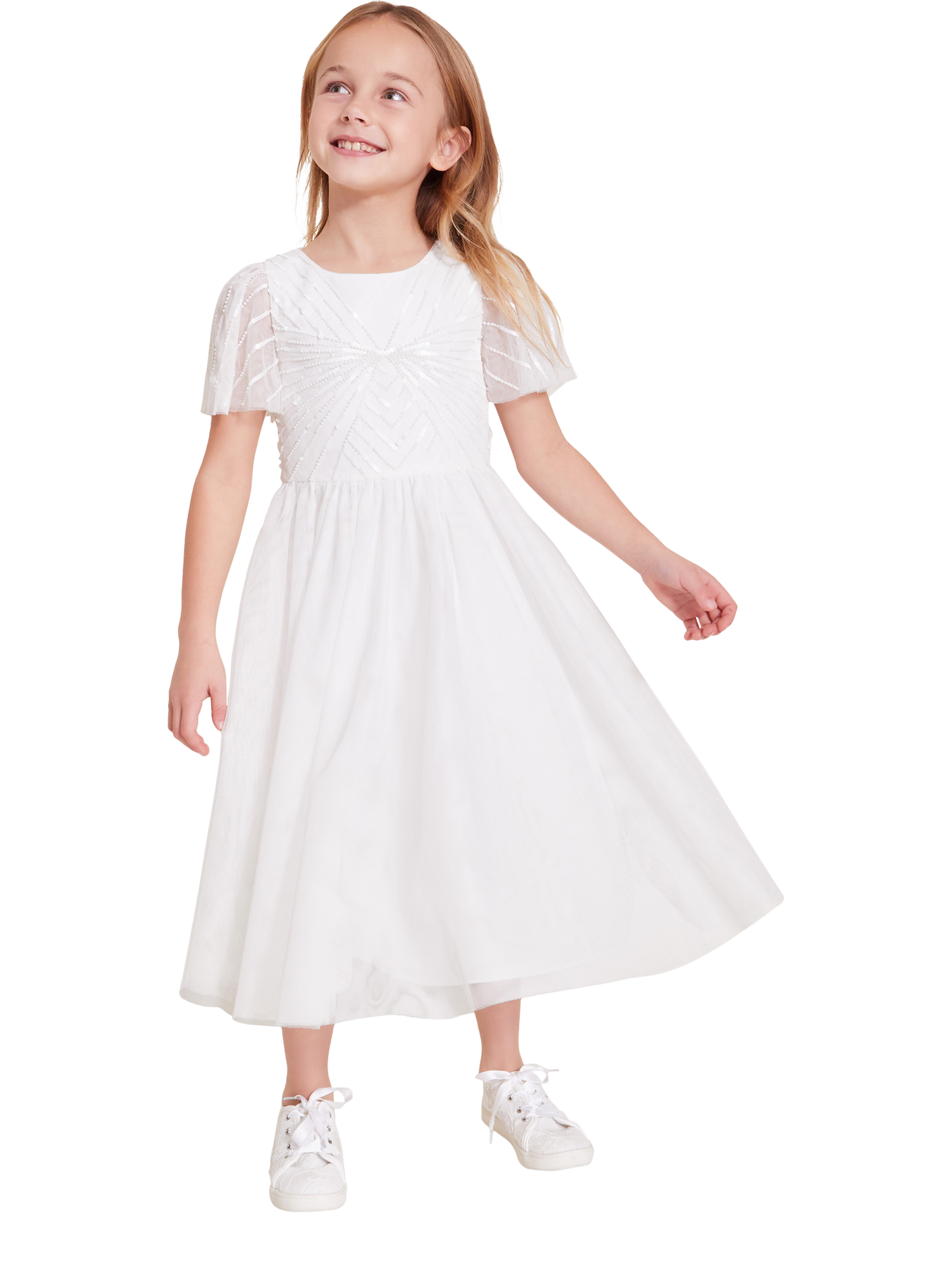 Product image 1 of 4, which shows Monsoon Kids' Sunray Beaded Dress, Ivory, 4 years