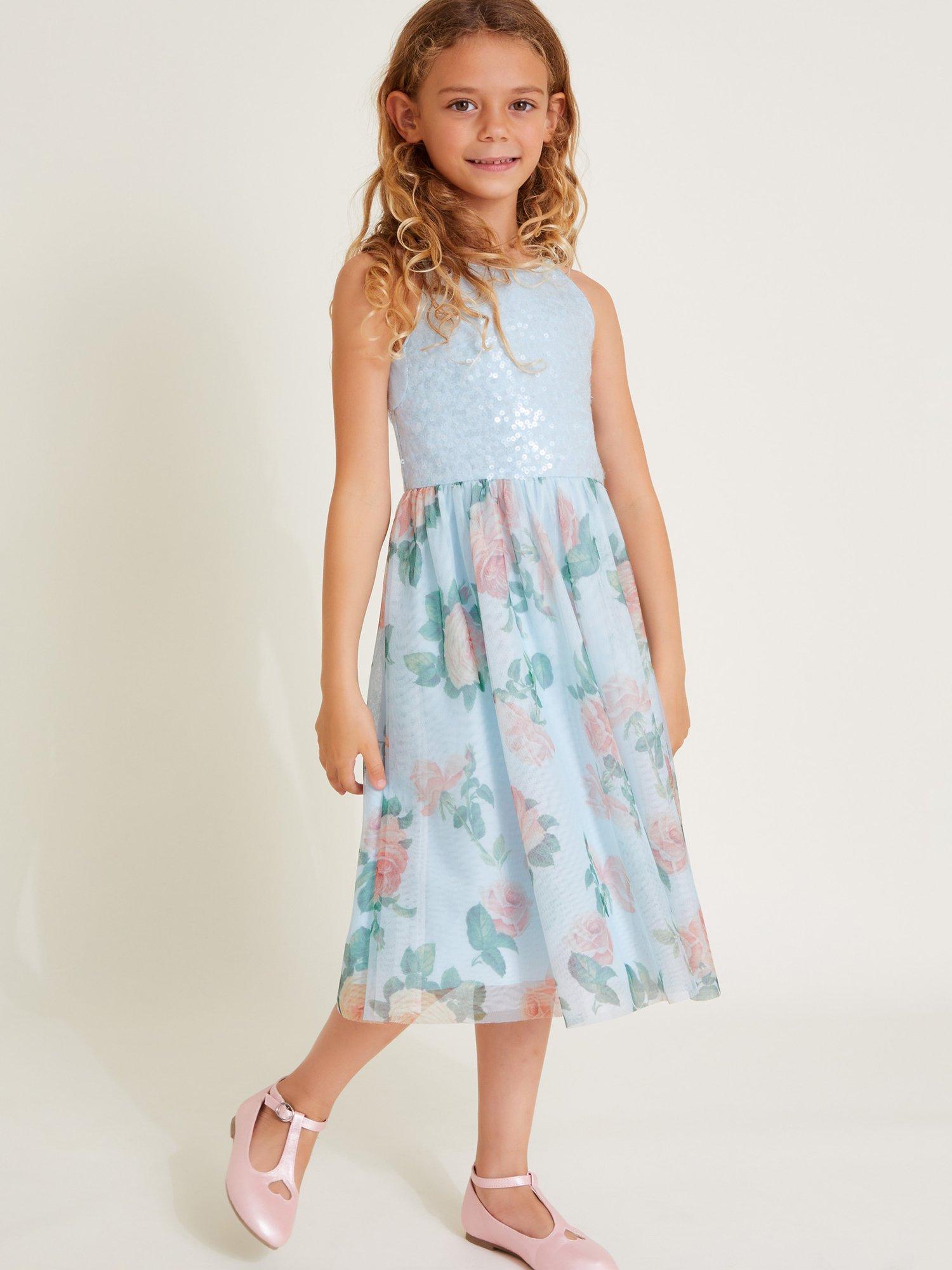 Product image 1 of 4, which shows Monsoon Kids' Truth Floral Dress, Blue/Multi, 3 years
