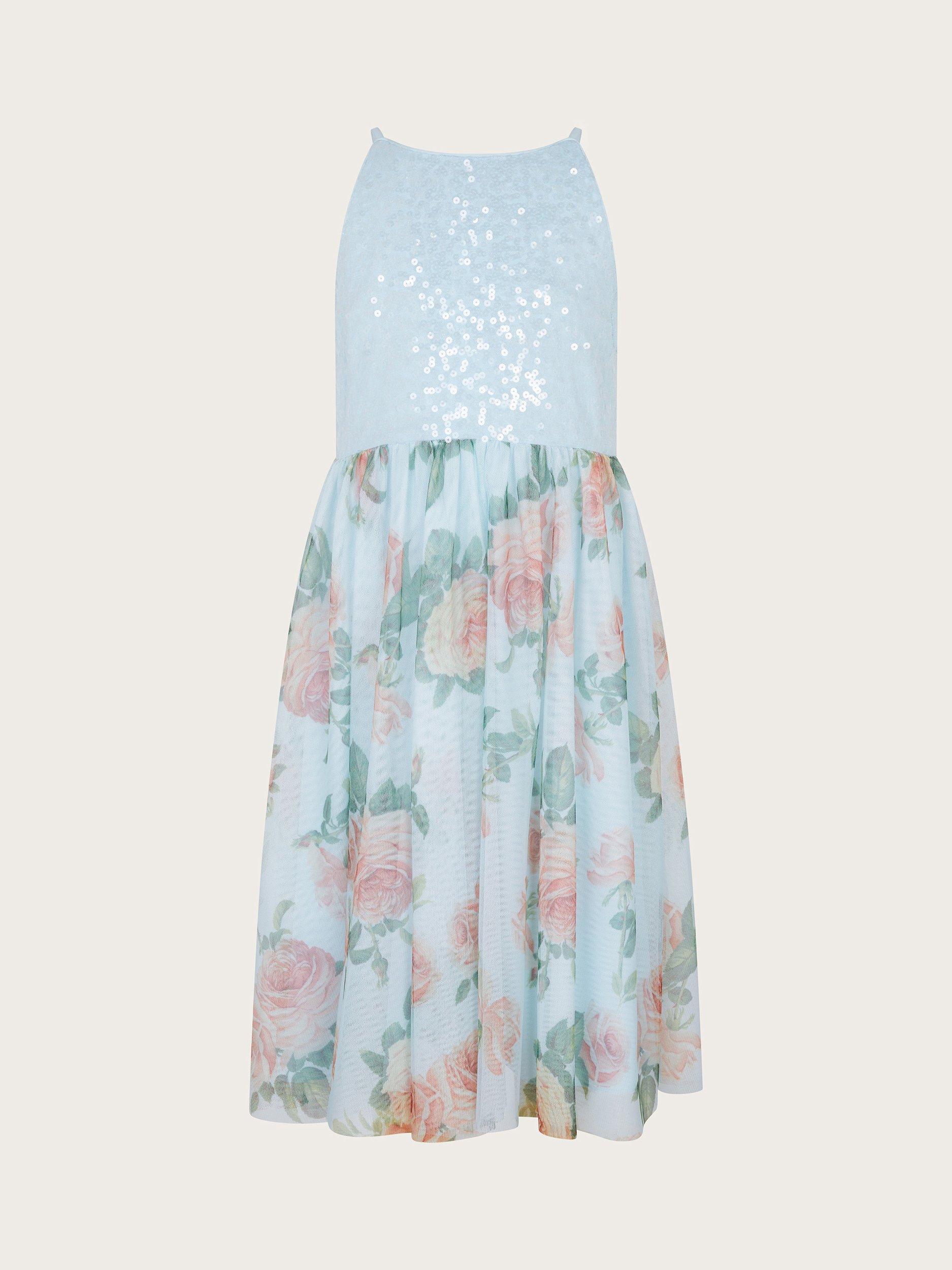 Product image 2 of 4, which shows Monsoon Kids' Truth Floral Dress, Blue/Multi, 3 years