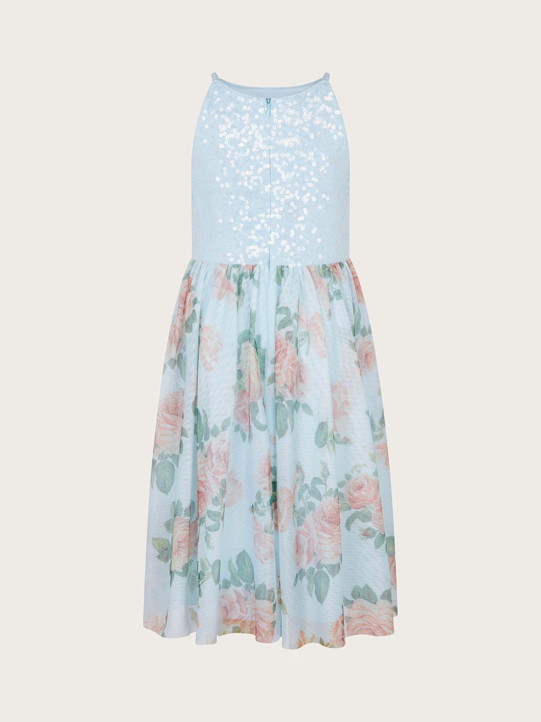 Product image 3 of 4, which shows Monsoon Kids' Truth Floral Dress, Blue/Multi, 3 years