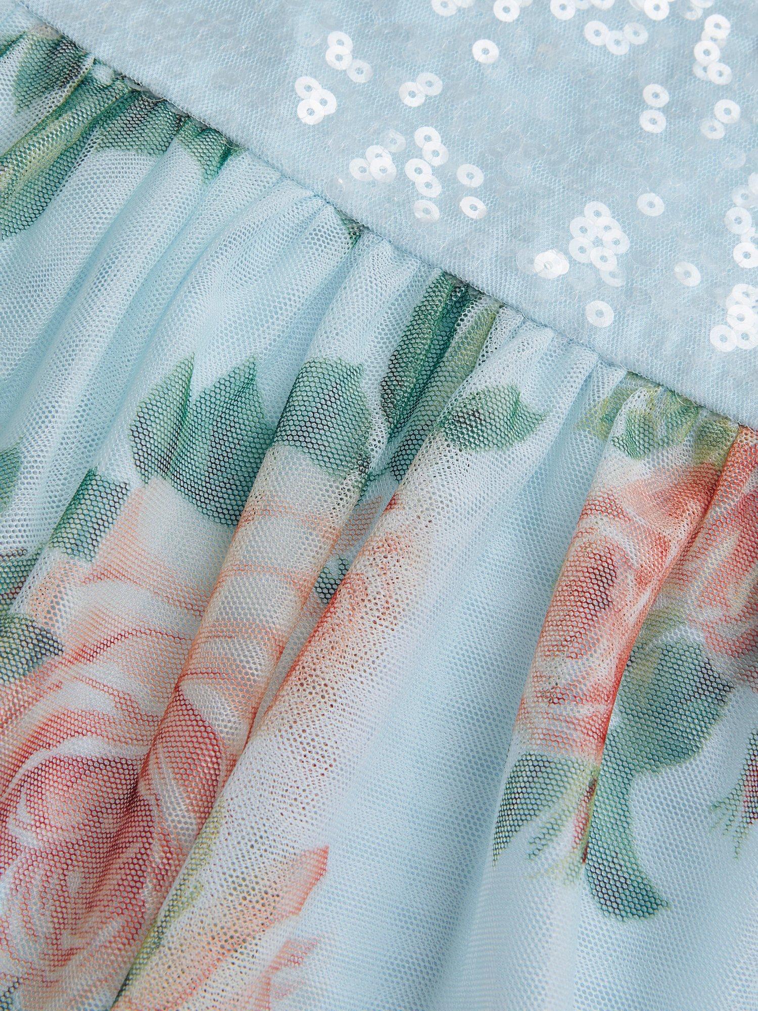 Product image 4 of 4, which shows Monsoon Kids' Truth Floral Dress, Blue/Multi, 3 years