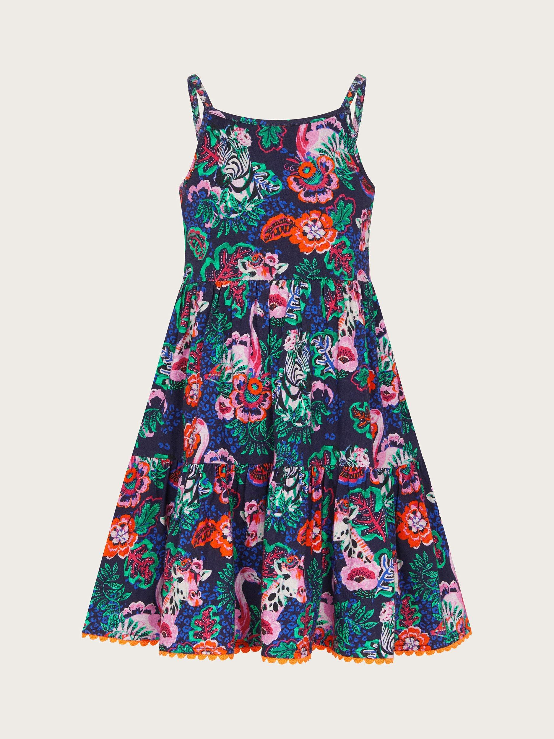 Product image 1 of 3, which shows Monsoon Kids' Cotton Wild Animal Print Midi Dress, Navy, 2-3 years