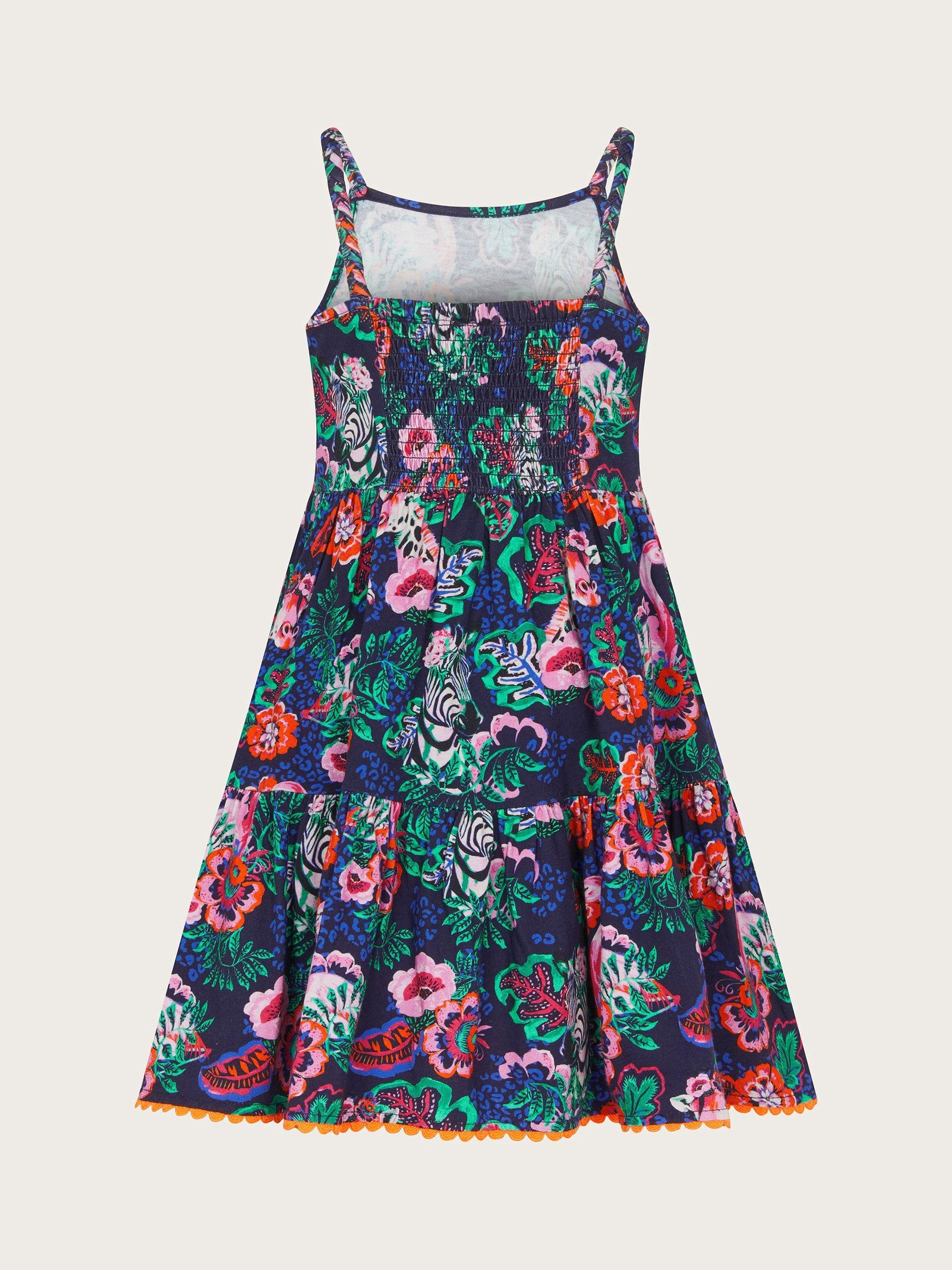 Product image 2 of 3, which shows Monsoon Kids' Cotton Wild Animal Print Midi Dress, Navy, 2-3 years