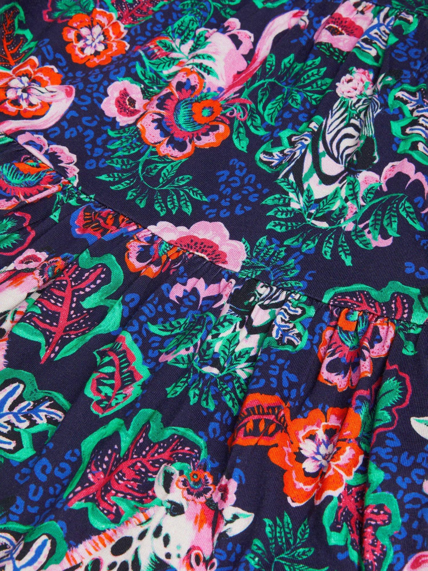 Product image 3 of 3, which shows Monsoon Kids' Cotton Wild Animal Print Midi Dress, Navy, 2-3 years
