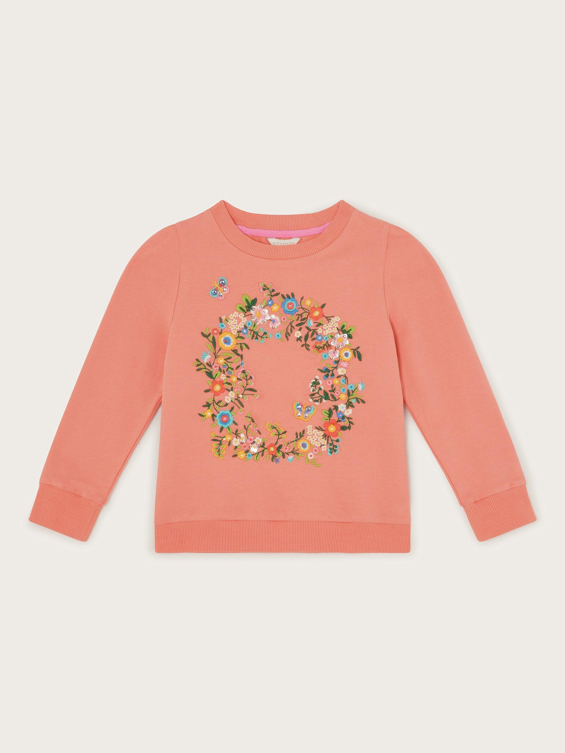 Product image 2 of 4, which shows Monsoon Kids' Floral Sweatshirt, Coral/Multi, 5-6 years