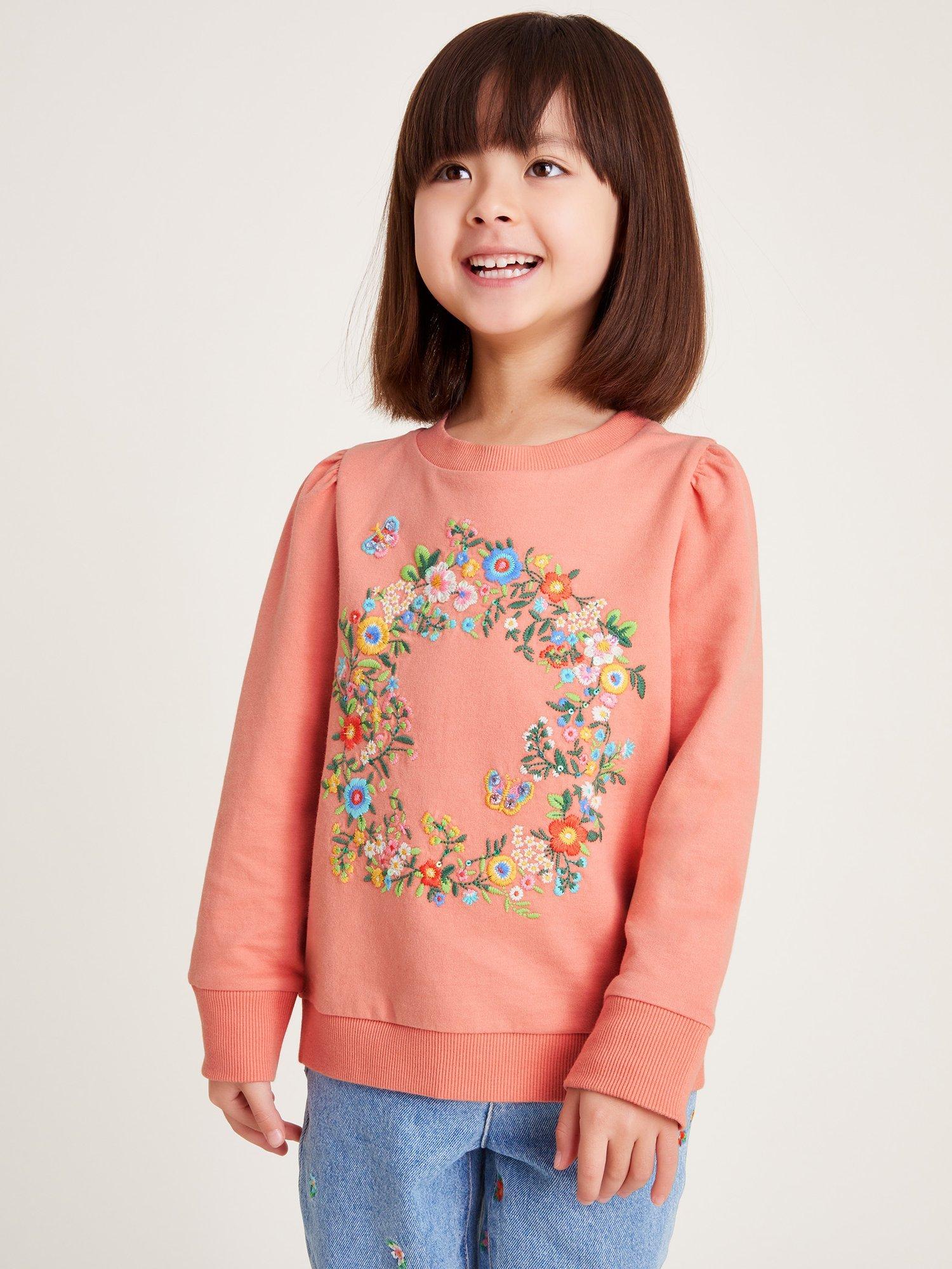 Product image 1 of 4, which shows Monsoon Kids' Floral Sweatshirt, Coral/Multi, 5-6 years