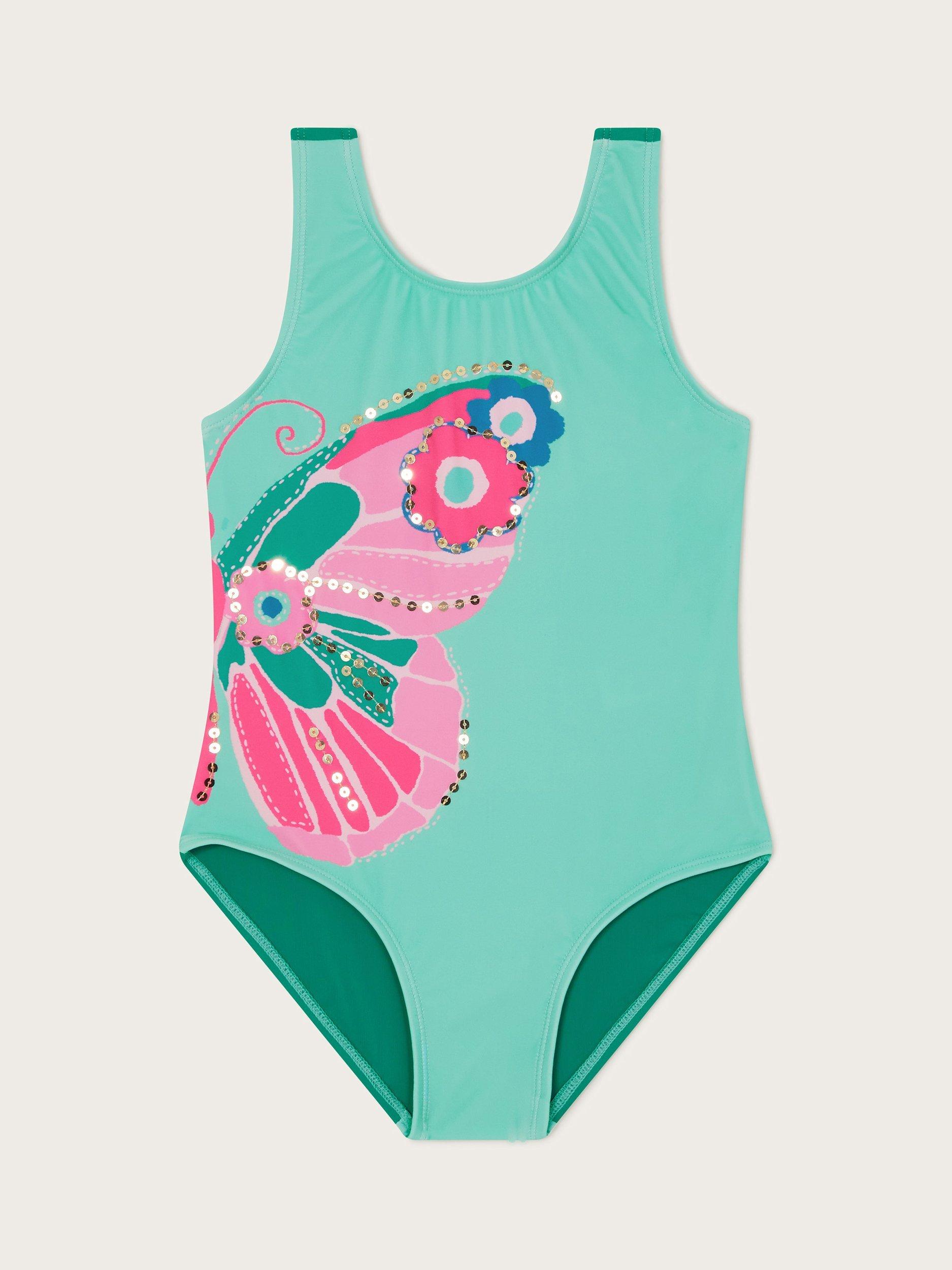 Product image 1 of 3, which shows Monsoon Kids' Butterfly Swimsuit, Aqua, 9-10 years