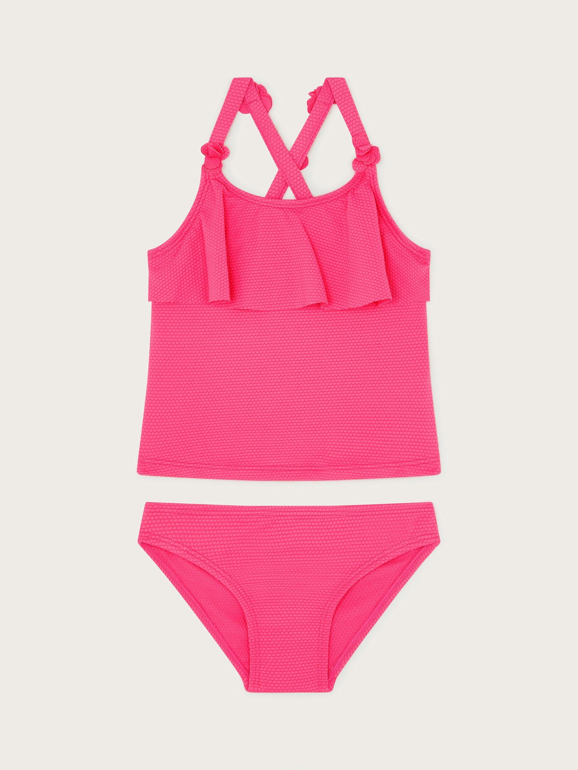Monsoon Kids' Flower Strap Ruffle Tankini, Pink