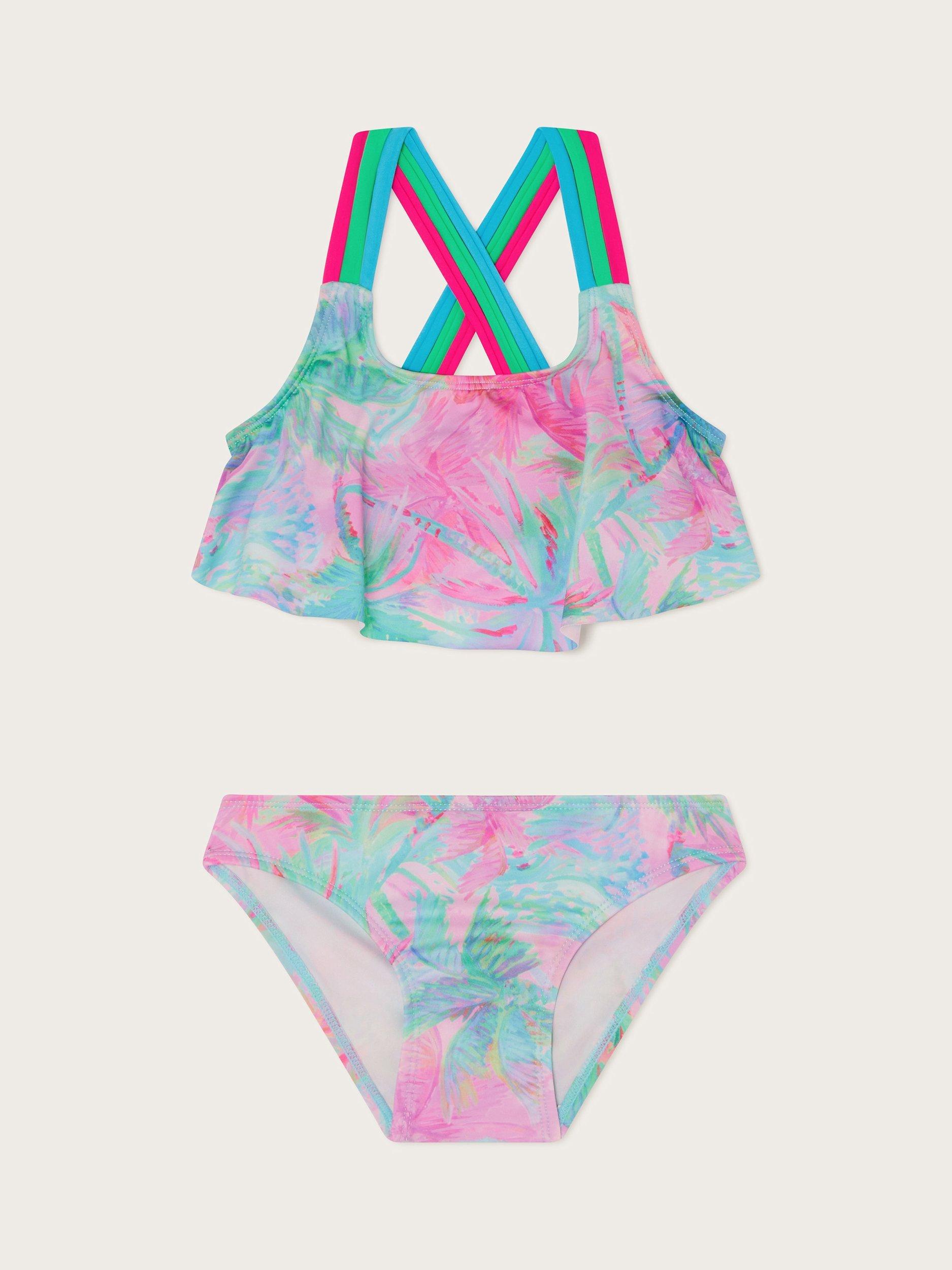 Product image 1 of 3, which shows Monsoon Kids' Splash Frill Bikini, Turquoise/Multi, 3-4 years