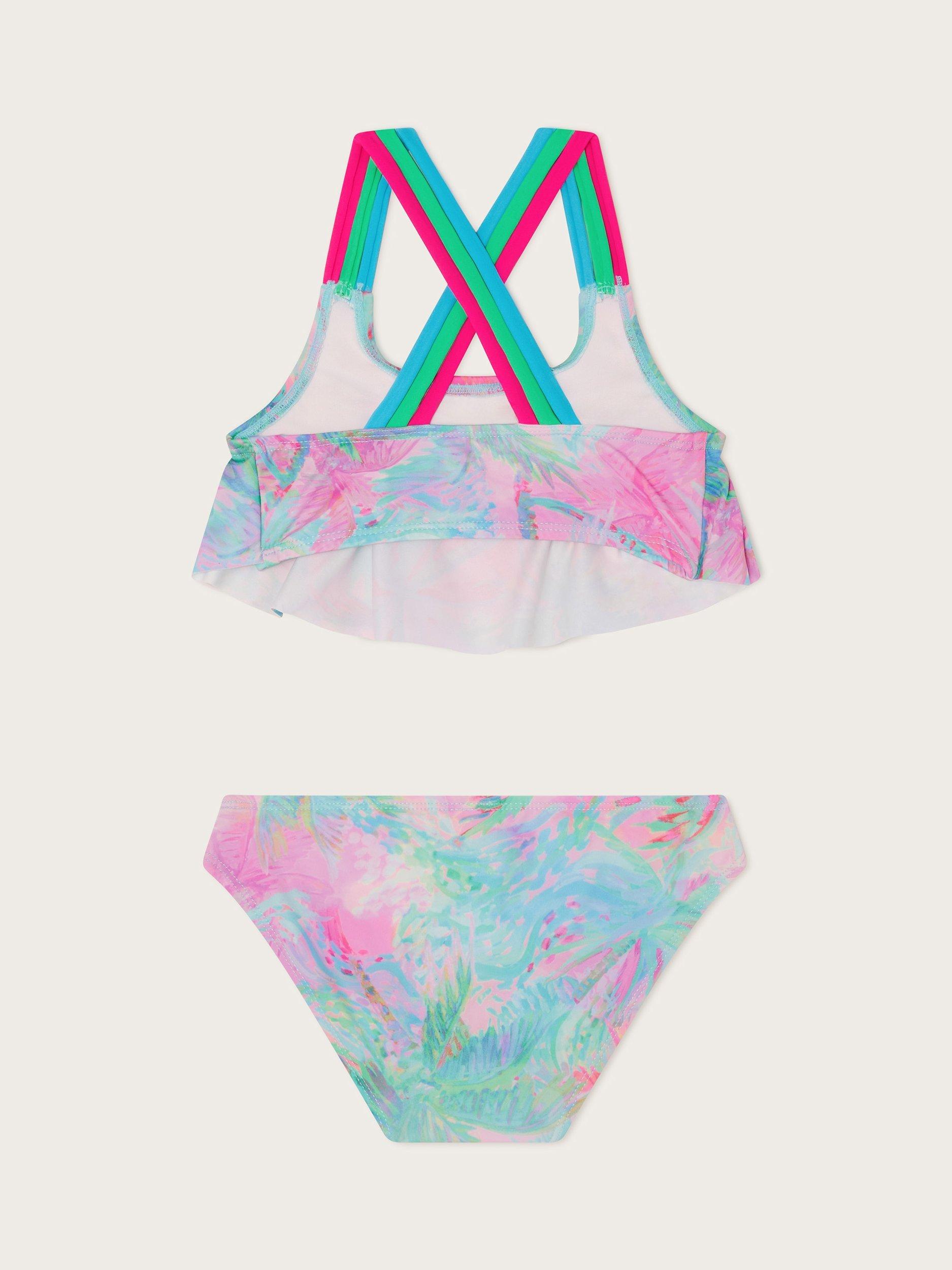 Product image 2 of 3, which shows Monsoon Kids' Splash Frill Bikini, Turquoise/Multi, 3-4 years