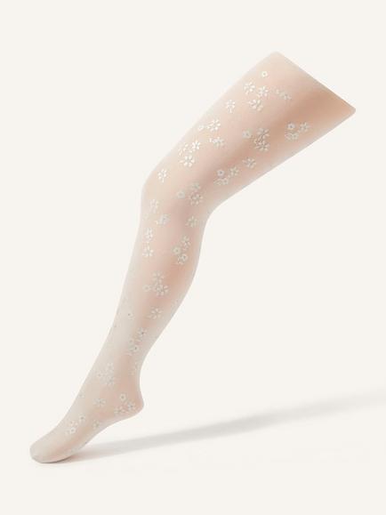 Monsoon Kids' Floral Print Tights, Ivory, Ivory