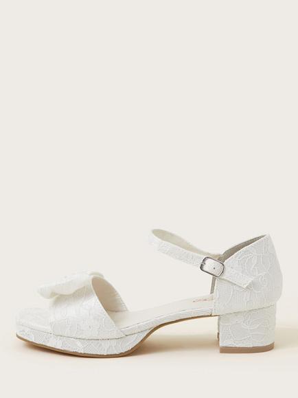 Monsoon Kids' Bridal Bow Lace Heeled Shoes, Ivory, Ivory