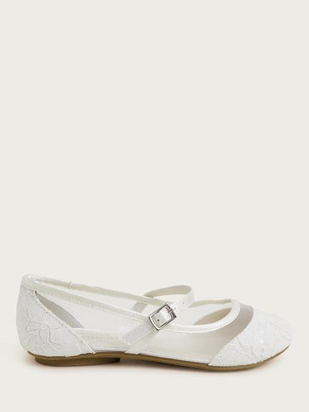 Monsoon Kids' Communion Lace Ballet Shoes, White, White