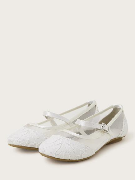 Monsoon Kids' Communion Lace Ballet Shoes, White - view 2, White