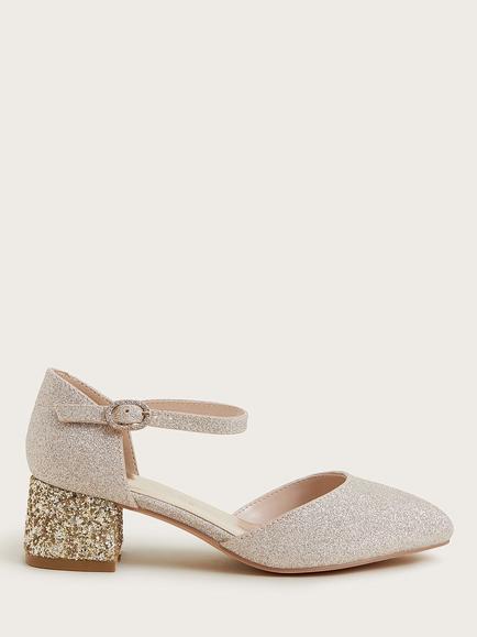 Monsoon Kids' Glitter Heeled Shoes, Gold, Gold
