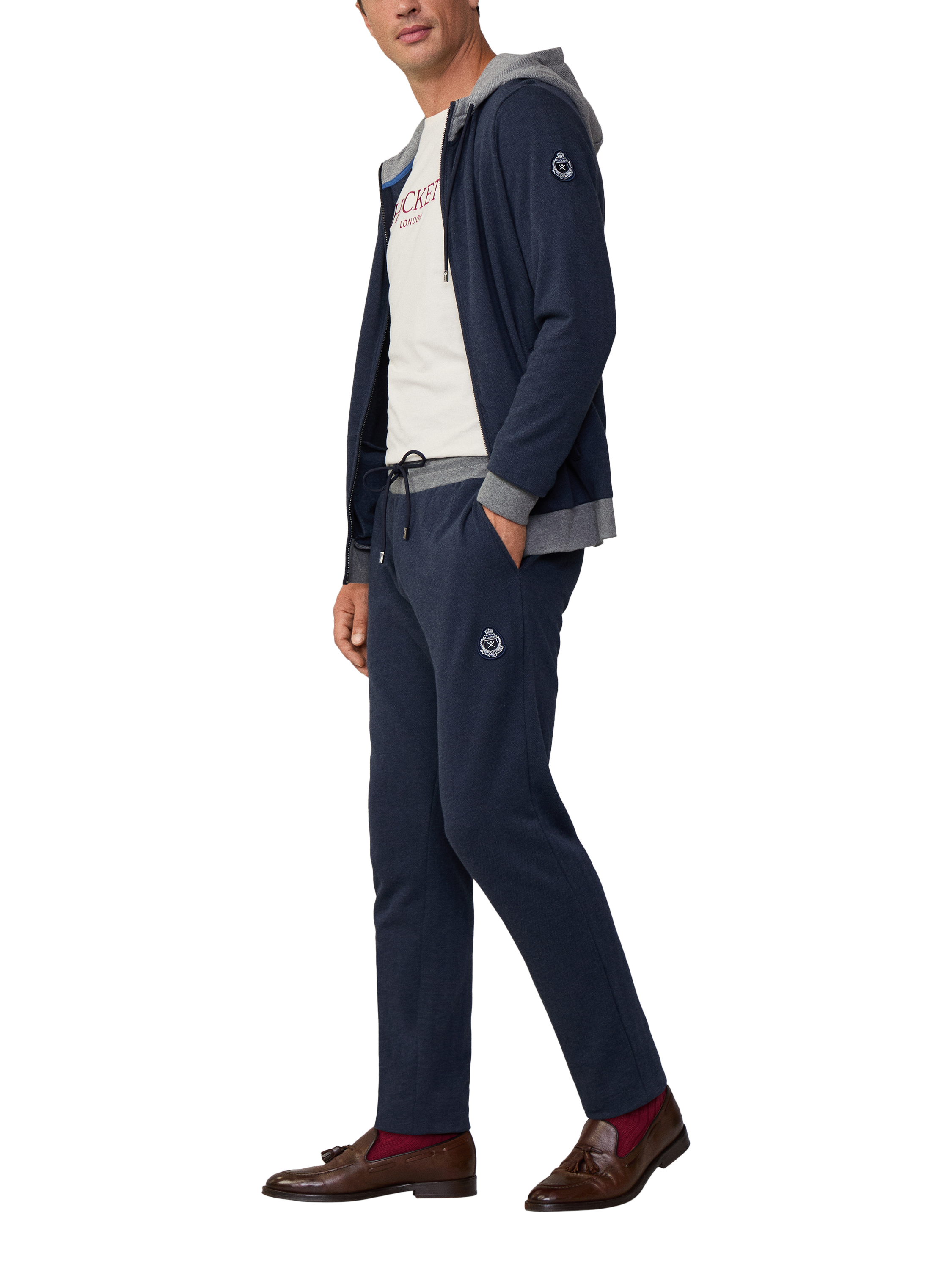 Hackett London Cotton Blend Herringbone Jacquard Hoodie, Midnight Blue
