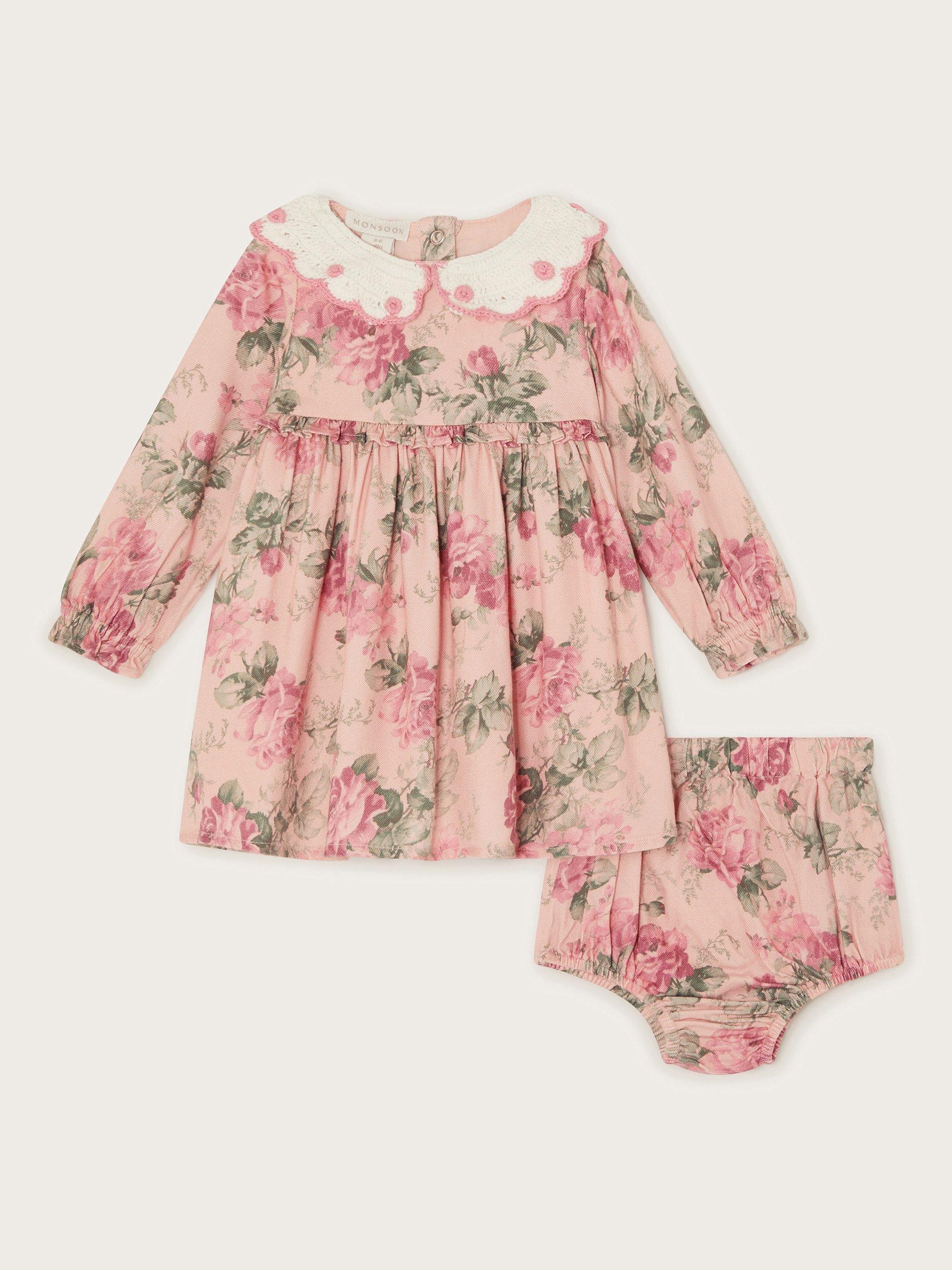 Product image 1 of 3, which shows Monsoon Baby Crochet Dress, Pink/Multi, 0-3 months
