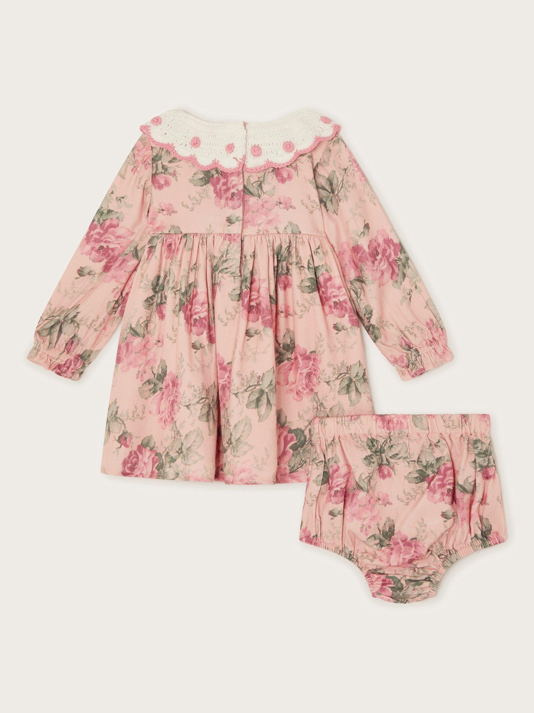 Product image 2 of 3, which shows Monsoon Baby Crochet Dress, Pink/Multi, 0-3 months