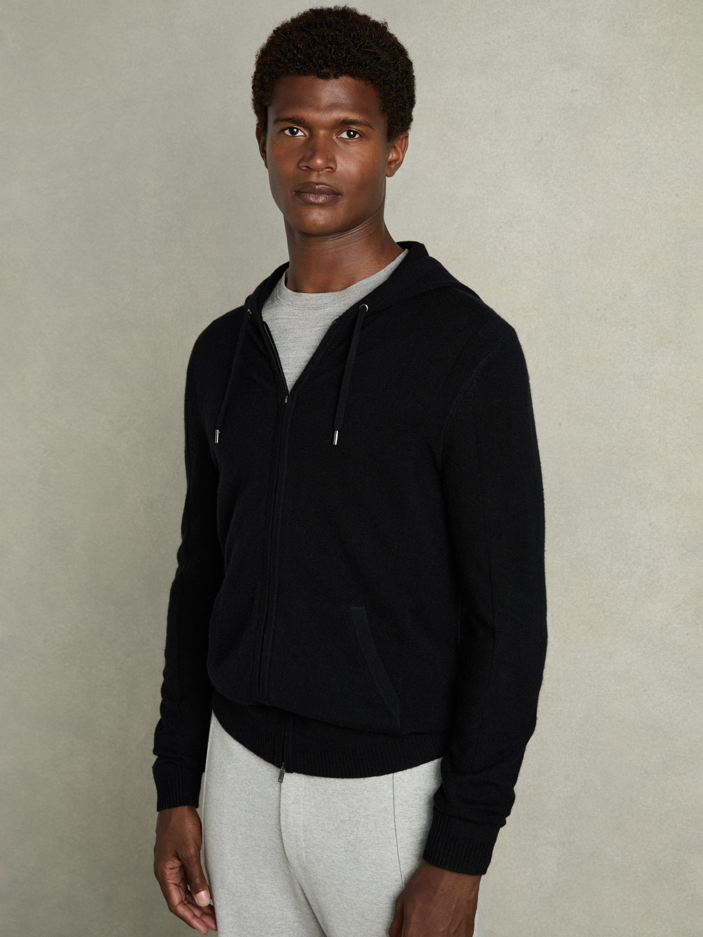Reiss Lindo Wool and Cashmere Blend Zip Up Hoodie Black