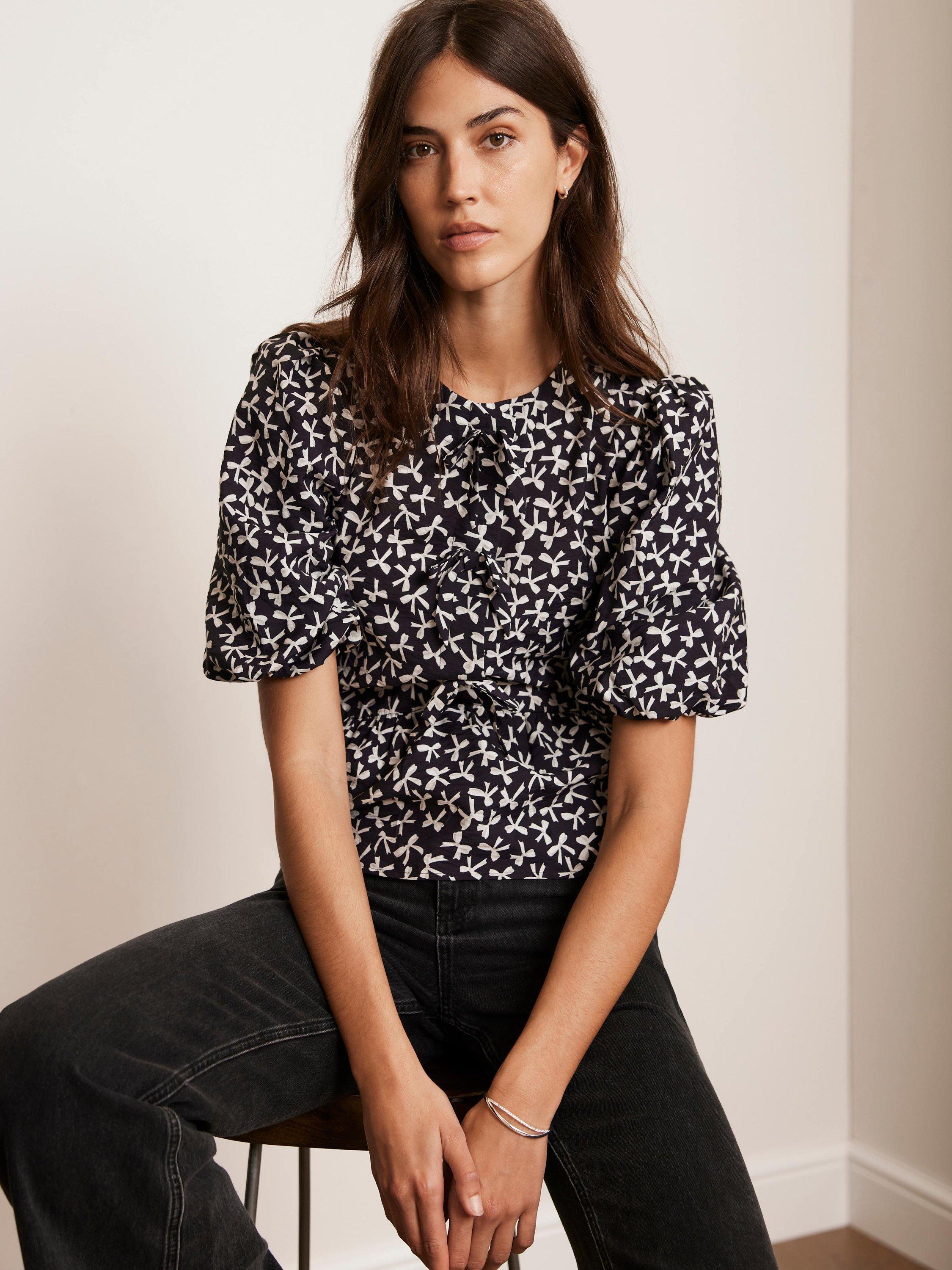 Mint Velvet Bow Print Puff Sleeve Top, Black/White