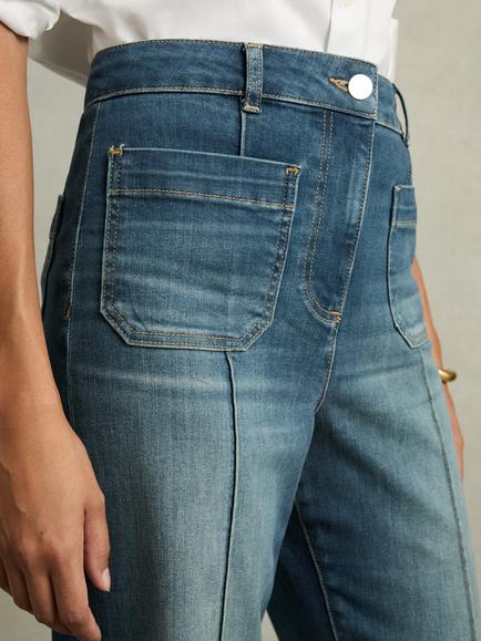 Reiss Sakura Patch Pocket Flare Jeans, Mid Blue - view 2, Mid Blue