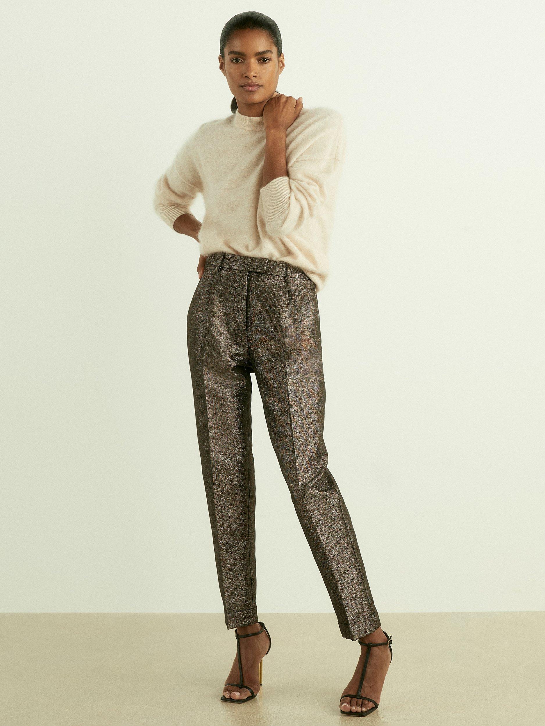 Product image 1 of 5, which shows Reiss Petite Sienna Sparkle Tapered Trousers, Dark Gold, 12Pt
