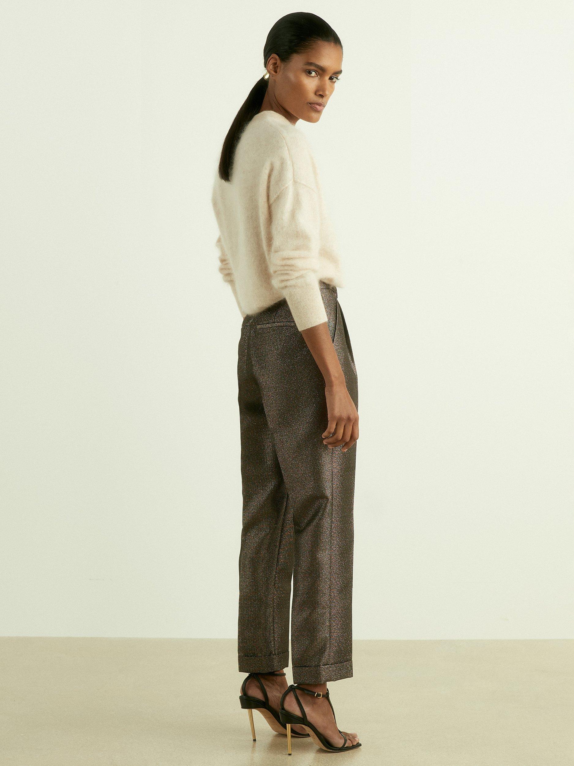Product image 2 of 5, which shows Reiss Petite Sienna Sparkle Tapered Trousers, Dark Gold, 12Pt