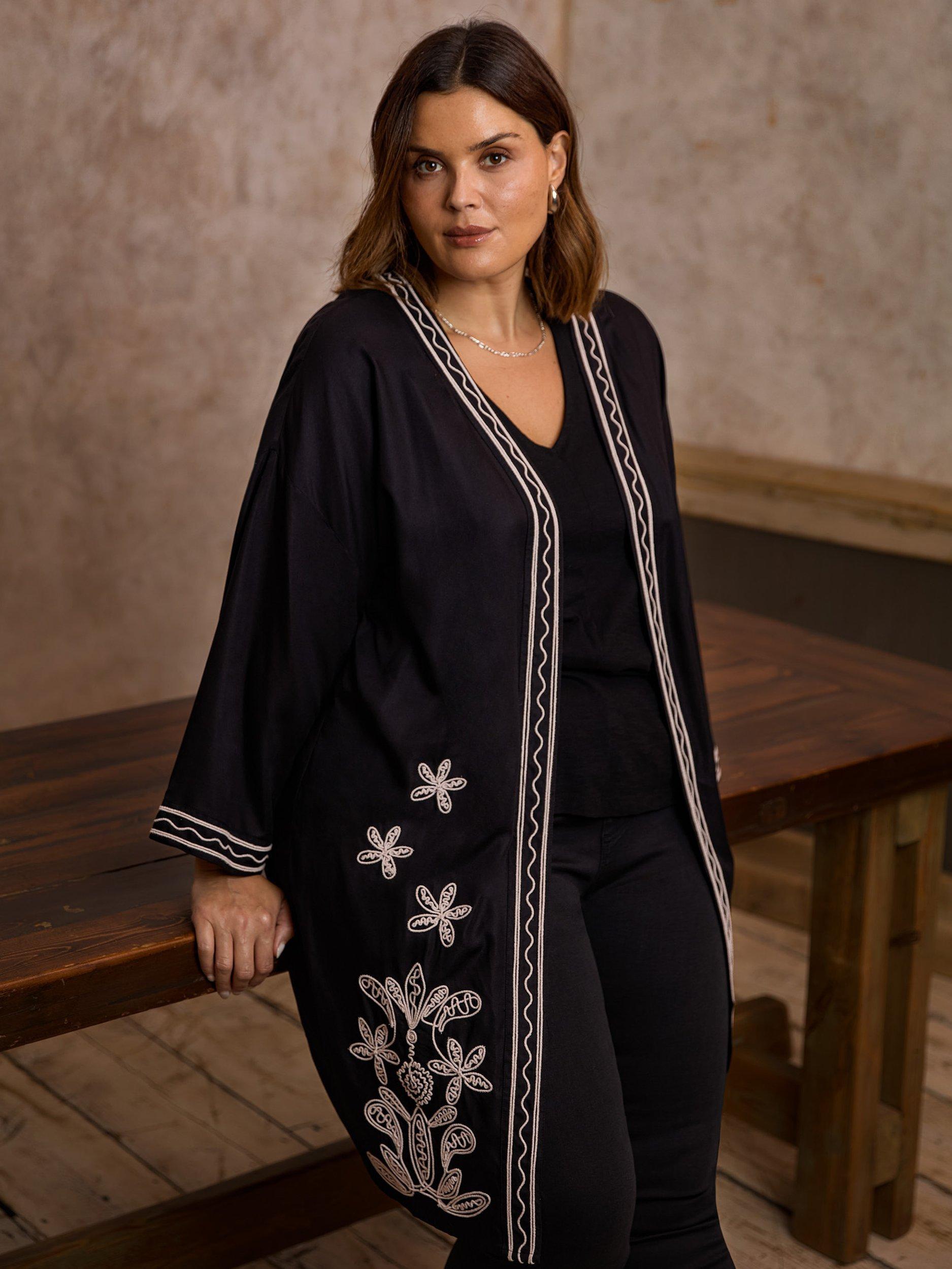 Product image 1 of 6, which shows Live Unlimited Curve Embroidered Contrast Kimono, Black, 18
