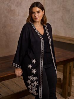 Live Unlimited Curve Embroidered Contrast Kimono, Black, Black