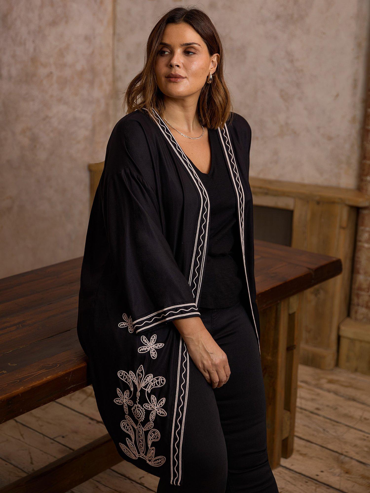Product image 2 of 6, which shows Live Unlimited Curve Embroidered Contrast Kimono, Black, 18
