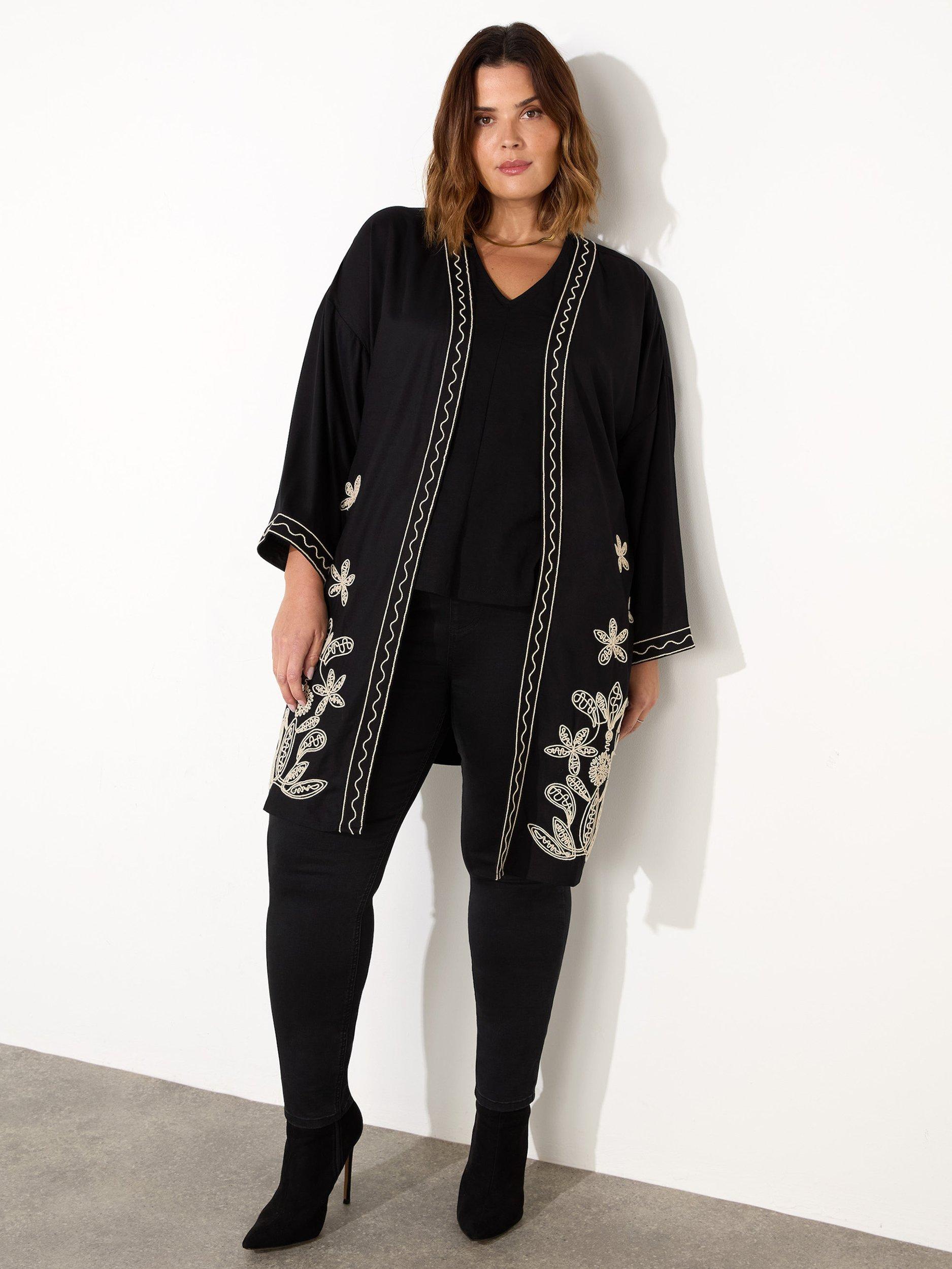 Product image 3 of 6, which shows Live Unlimited Curve Embroidered Contrast Kimono, Black, 18