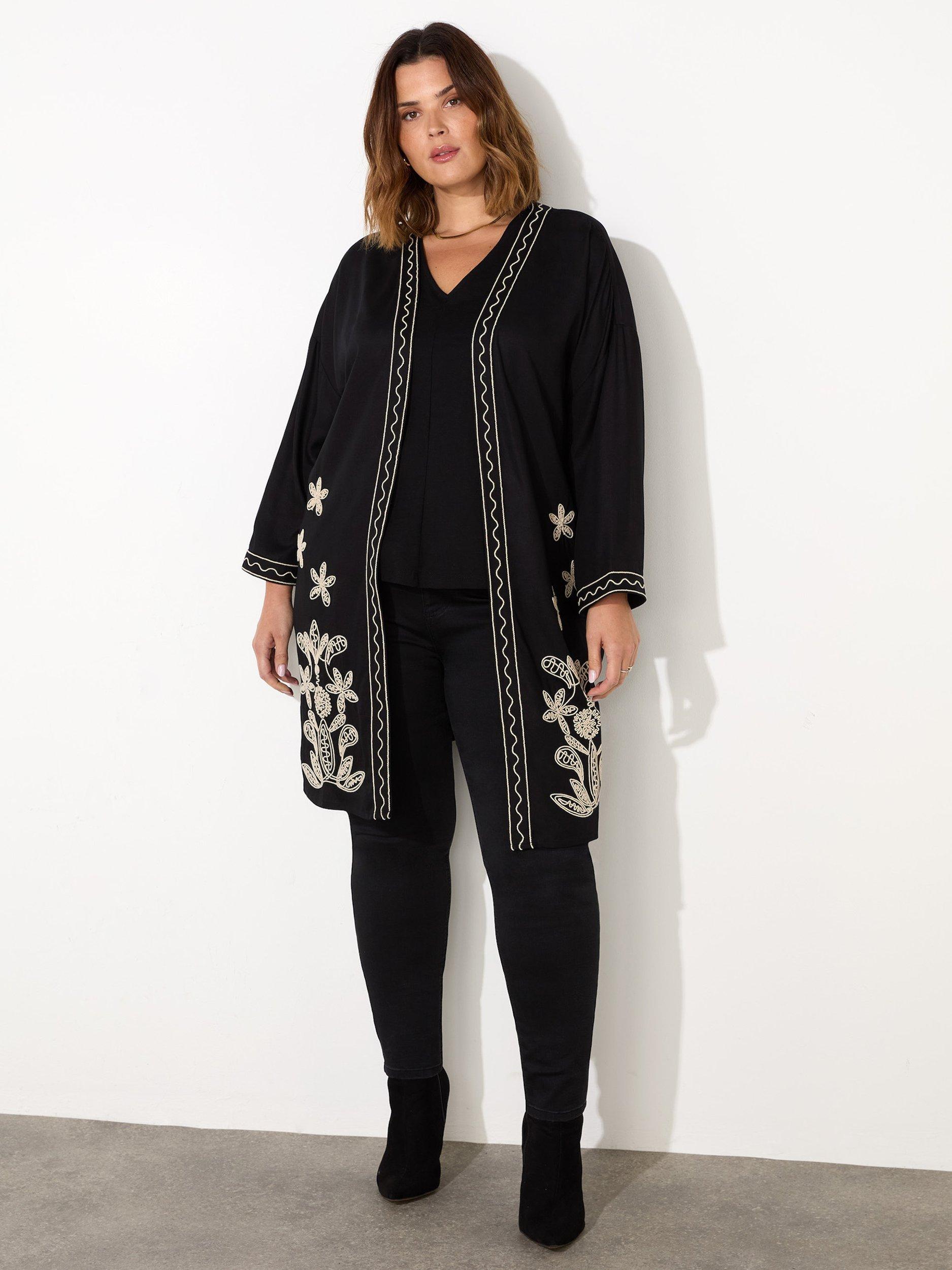 Product image 4 of 6, which shows Live Unlimited Curve Embroidered Contrast Kimono, Black, 18