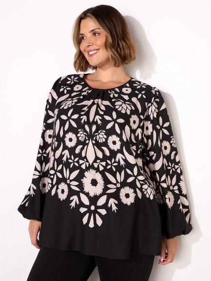 Live Unlimited Curve Graphic Floral Top, Black/Multi, Black/Multi