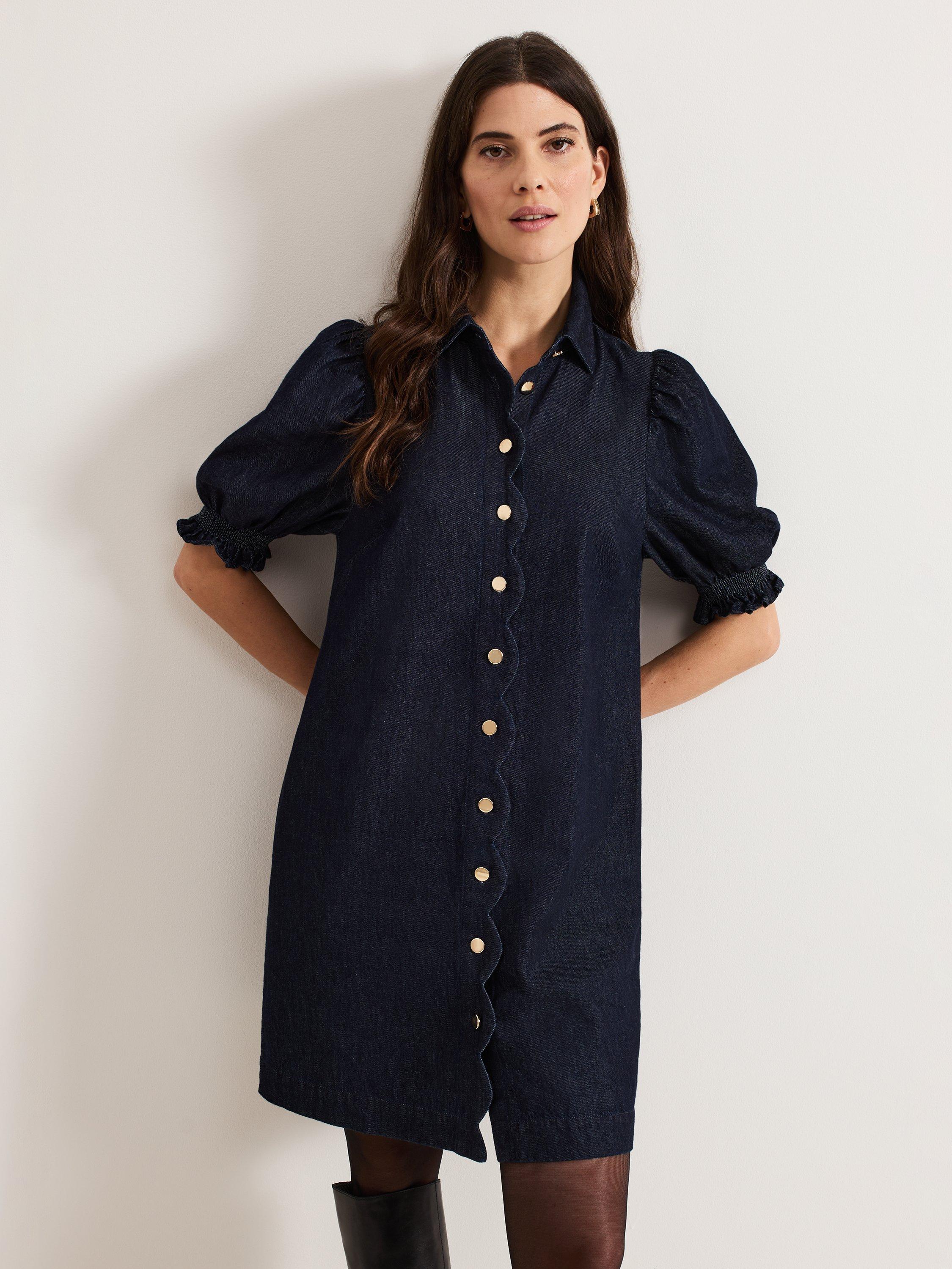 Product image 3 of 7, which shows Phase Eight Candice Denim Scallop Dress, Dark Blue, 8