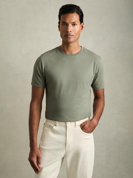 Reiss Bless Cotton Crew Neck T-Shirt, Dark Sage