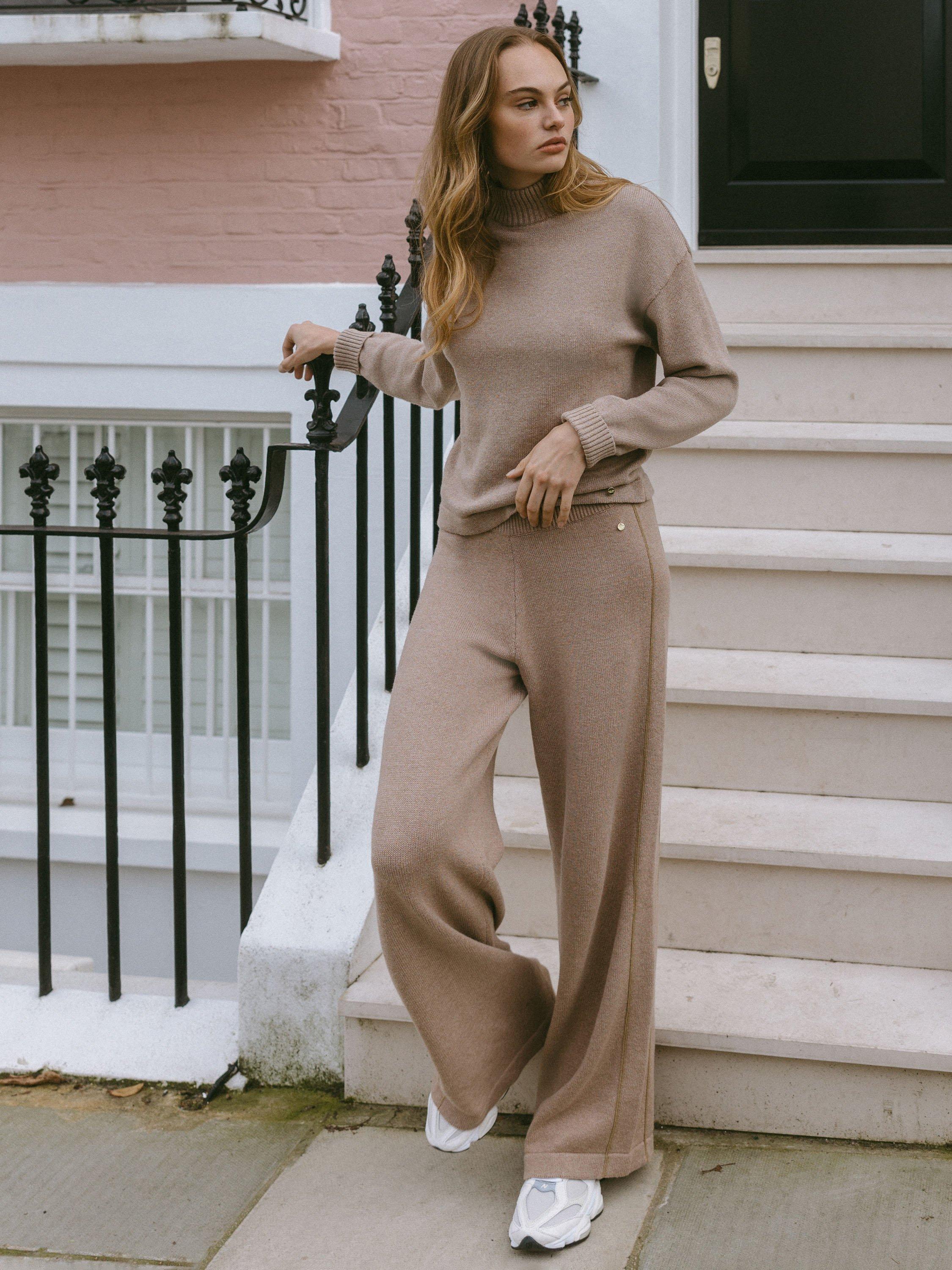 Product image 2 of 6, which shows Chelsea Peers Side Stripe Wide Leg Joggers, Camel, 18