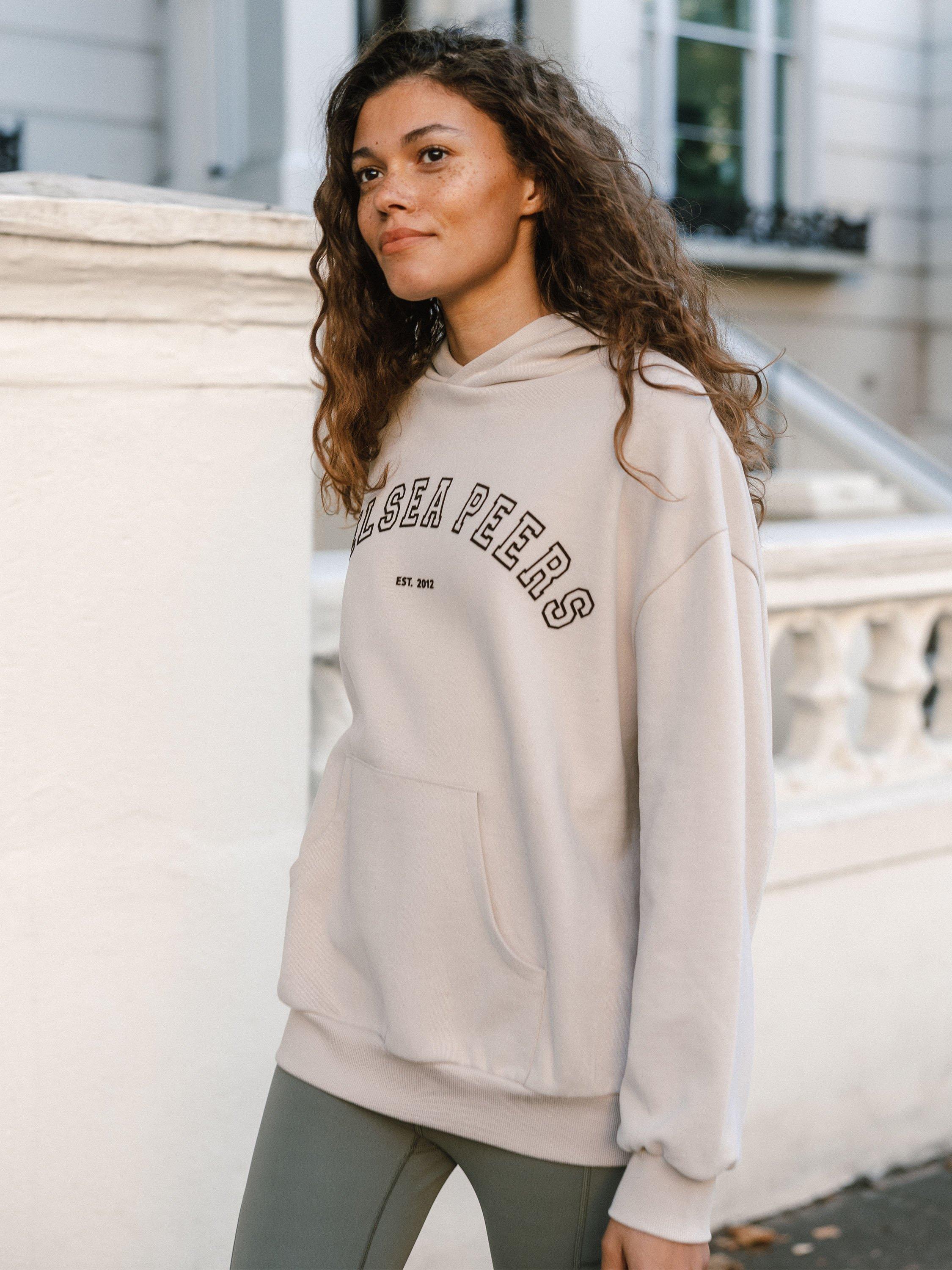 Product image 4 of 6, which shows Chelsea Peers Flocked Logo Organic Cotton Rich Hoodie, Beige, 18