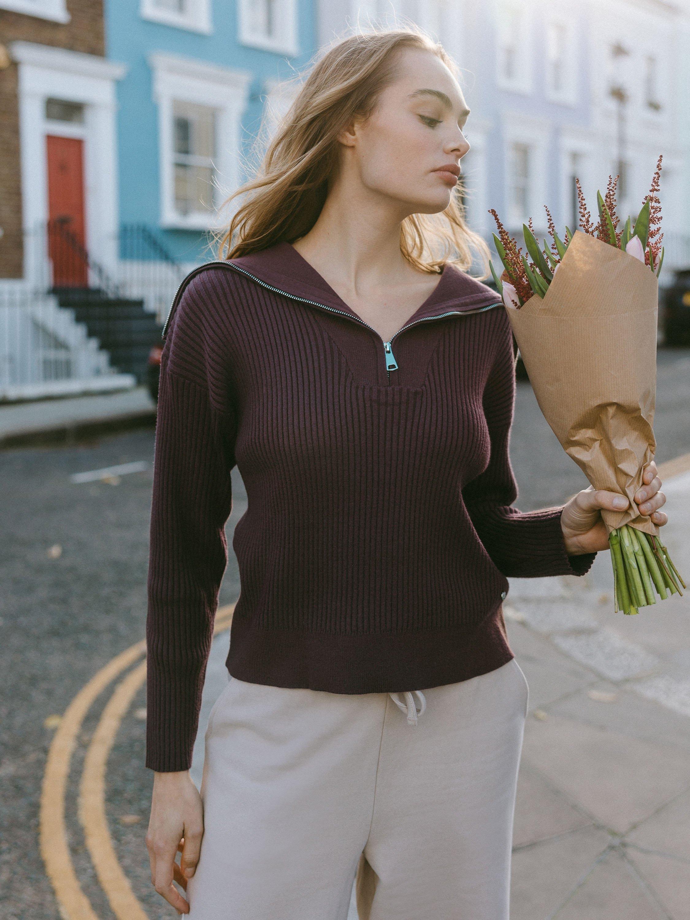 Product image 1 of 6, which shows Chelsea Peers Ribbed Knit Zip Jumper, Dark Brown, 6