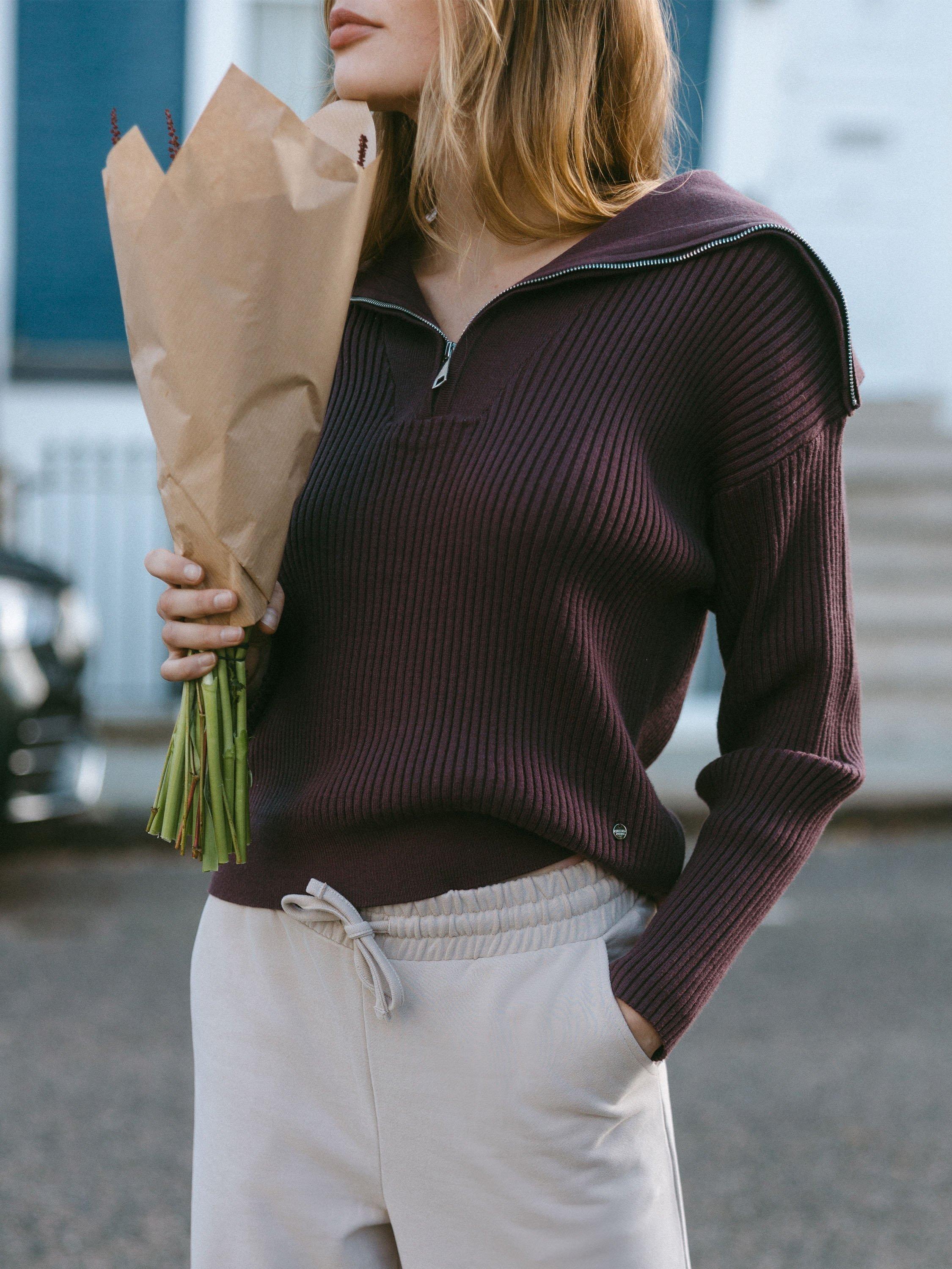 Product image 2 of 6, which shows Chelsea Peers Ribbed Knit Zip Jumper, Dark Brown, 6